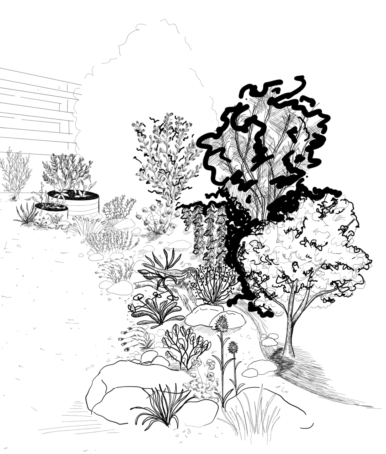 Handgezeichnete Gartenvisualisierung mit Bäumen, Sträuchern, Naturstein und Wasserbereich als Grundlage für die naturnahe Gartenplanung.