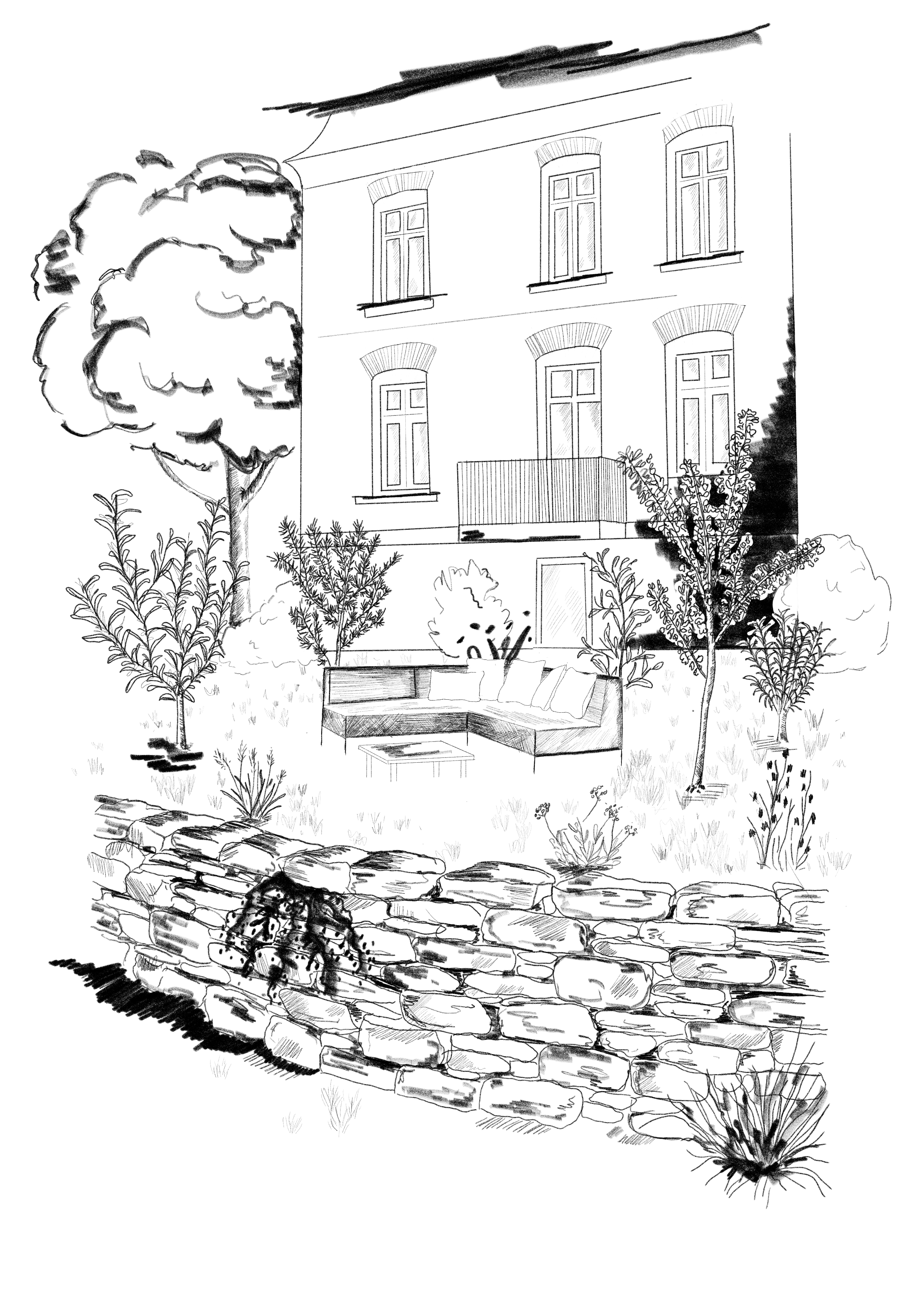 Zeichnung eines Hauses mit Garten, Bäumen, Hecke, Gartenmöbeln und einer Trockensteinmauer im Vordergrund.