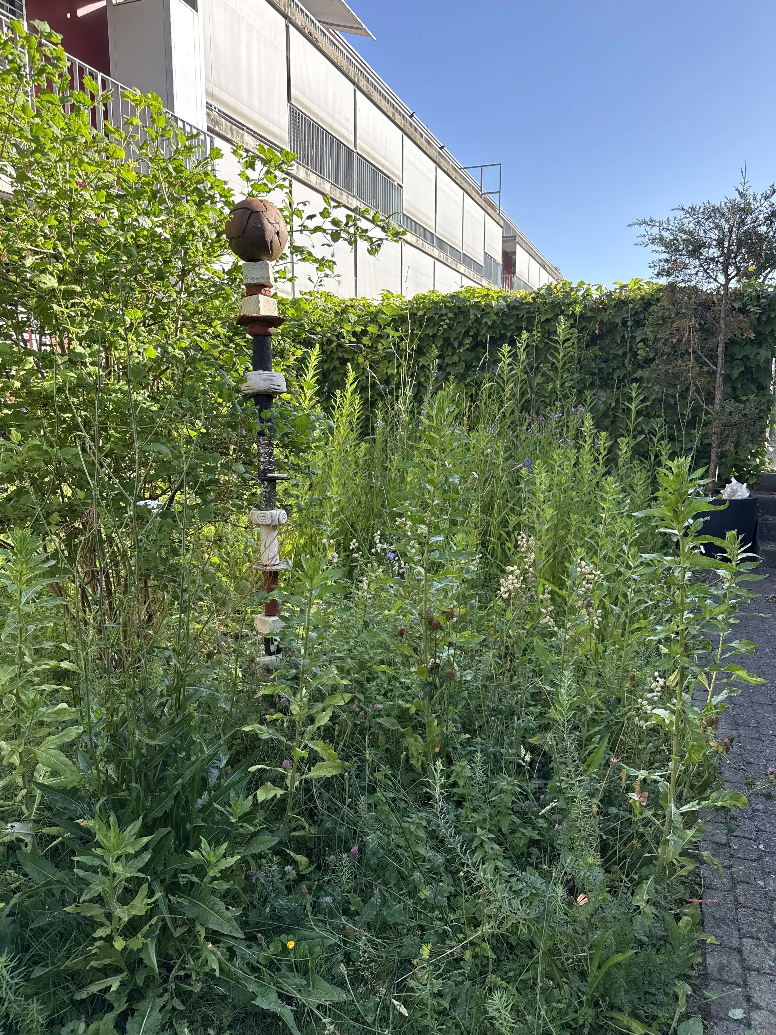 Ein Garten mit üppigem Grün, verschiedenen Pflanzen, und einem künstlichen Skulptur, im Hintergrund ein modernes Gebäude bei sonnigem Himmel.