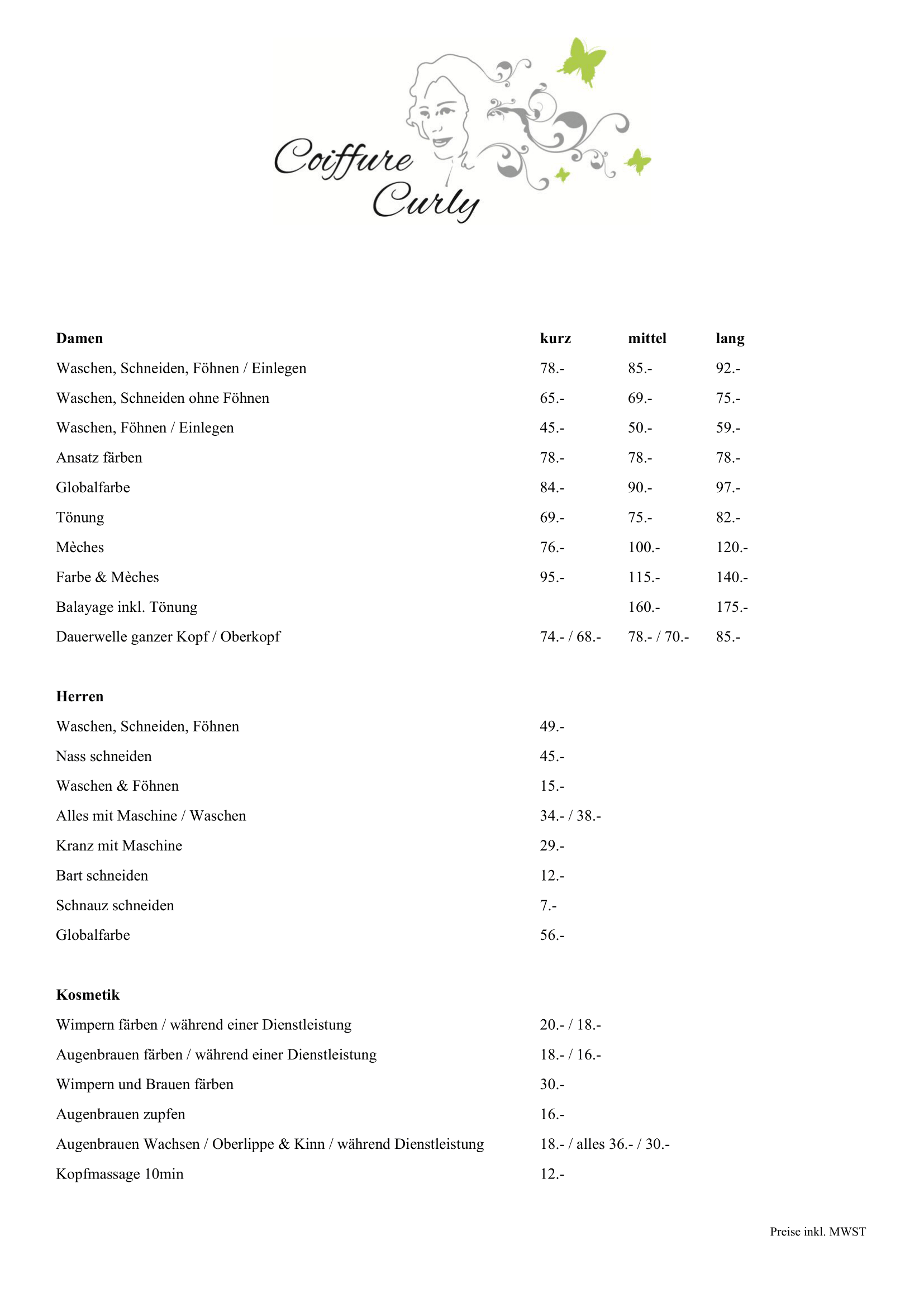 Preisliste für Friseurdienstleistungen, mit verschiedenen Angeboten für Damen, Herren, Kosmetik und Haarfarben, inklusive Preise und Services wie Waschen, Schneiden, Föhnen, Färben, Make-up, Wimpern und Augenbrauen, sowie Kopfmassage.
