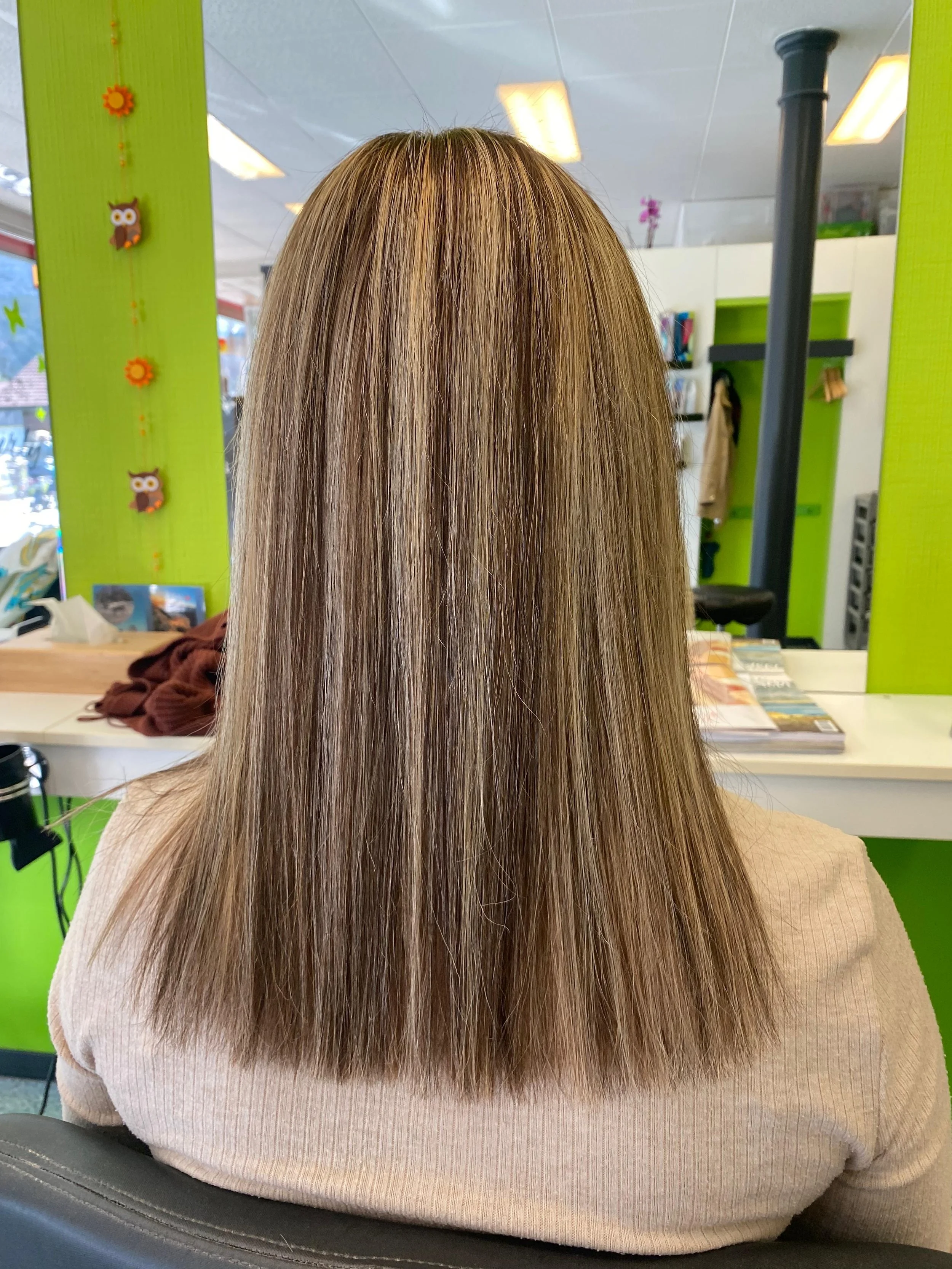 Die Rückseite einer Person mit langen, glatten, hellbraunen Haaren in einem Friseursalon mit grüner Wanddekoration.