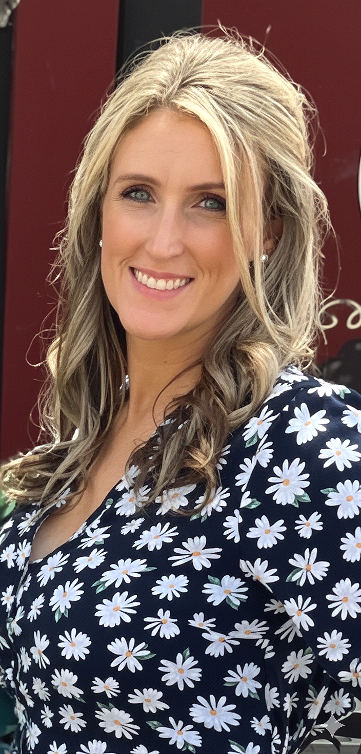 A woman with long, wavy blonde hair, blue eyes, and a bright smile wearing a black dress with white daisy flower print.