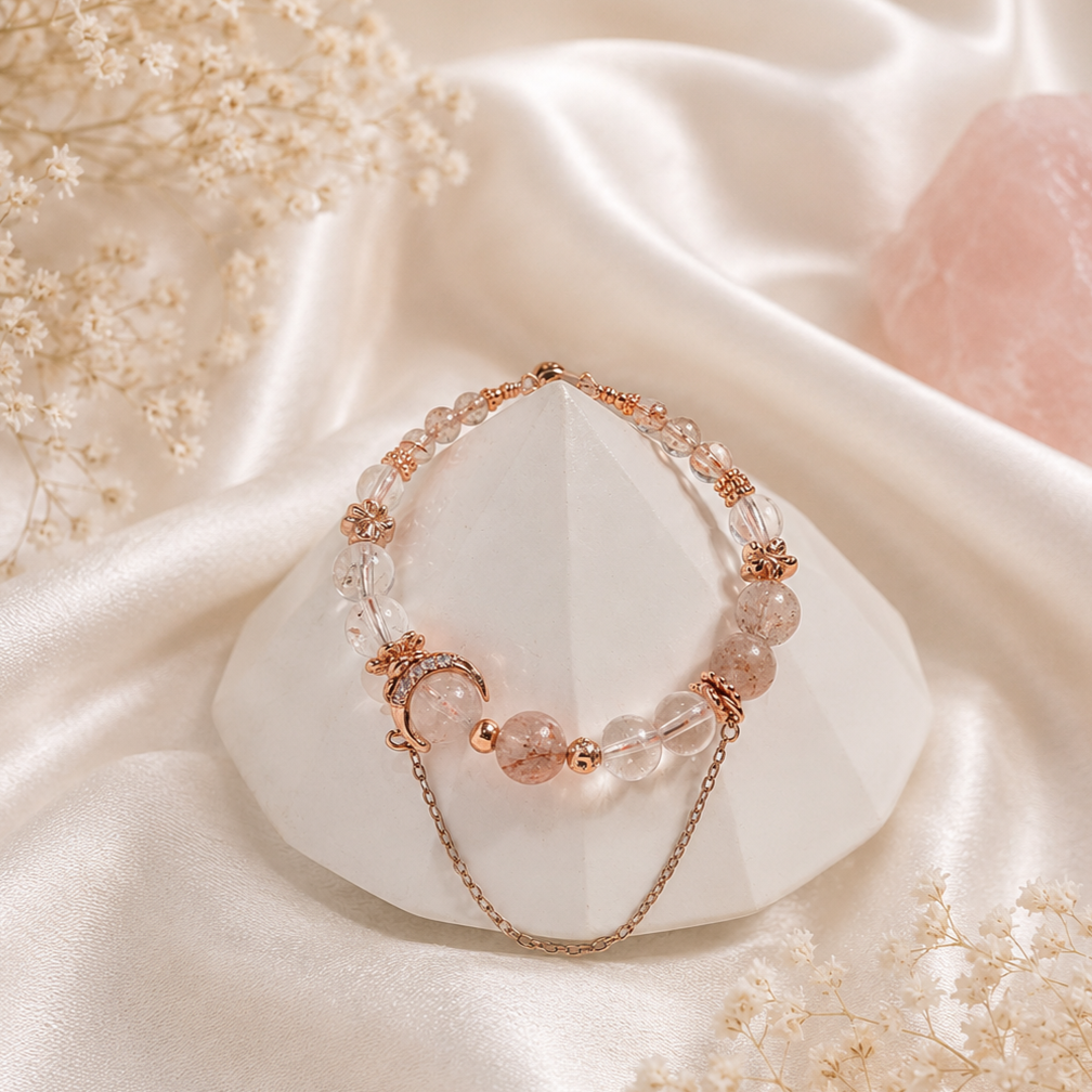 A rose gold and clear beaded bracelet with a chain and decorative accents, displayed on a geometric white stone, with dried flowers and pink salt rock in the background on satin fabric.