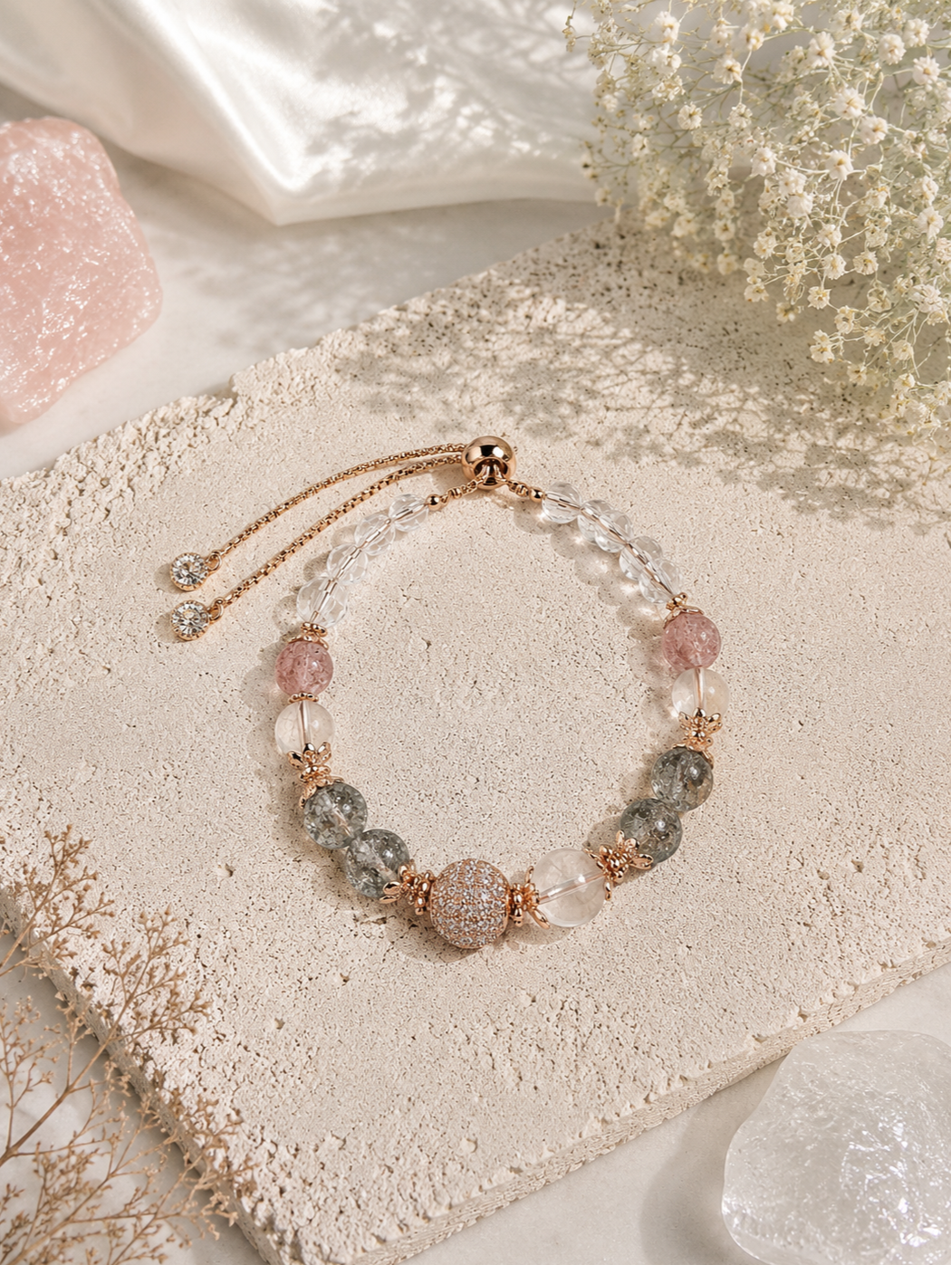 Beaded bracelet with pink, clear, gray, and glittering beads, placed on a textured beige surface, surrounded by white flowers, a pink rose quartz stone, and a white satin fabric.