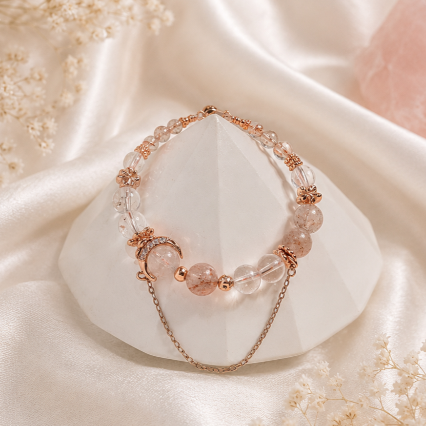 Rose gold and clear beaded bracelet with moon charm, displayed on a white geometric stand, surrounded by soft fabric and small white flowers.