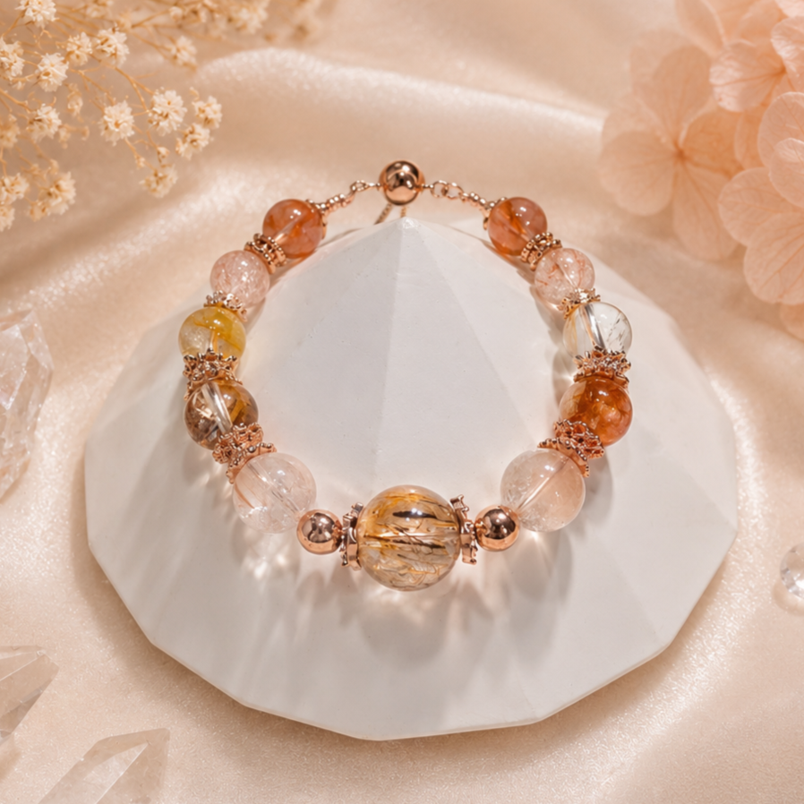 A beaded bracelet with large round beads in peach, pink, yellow, and clear colors, accented with small rose gold spacer beads, displayed on a white geometric ceramic dish, surrounded by soft pink and peach paper flowers and small white baby's breath flowers on satin fabric.
