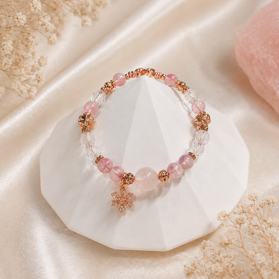 Pink and clear beaded bracelet with rose gold accents and a butterfly charm, displayed on a white geometric stand surrounded by soft fabric and dried flowers.