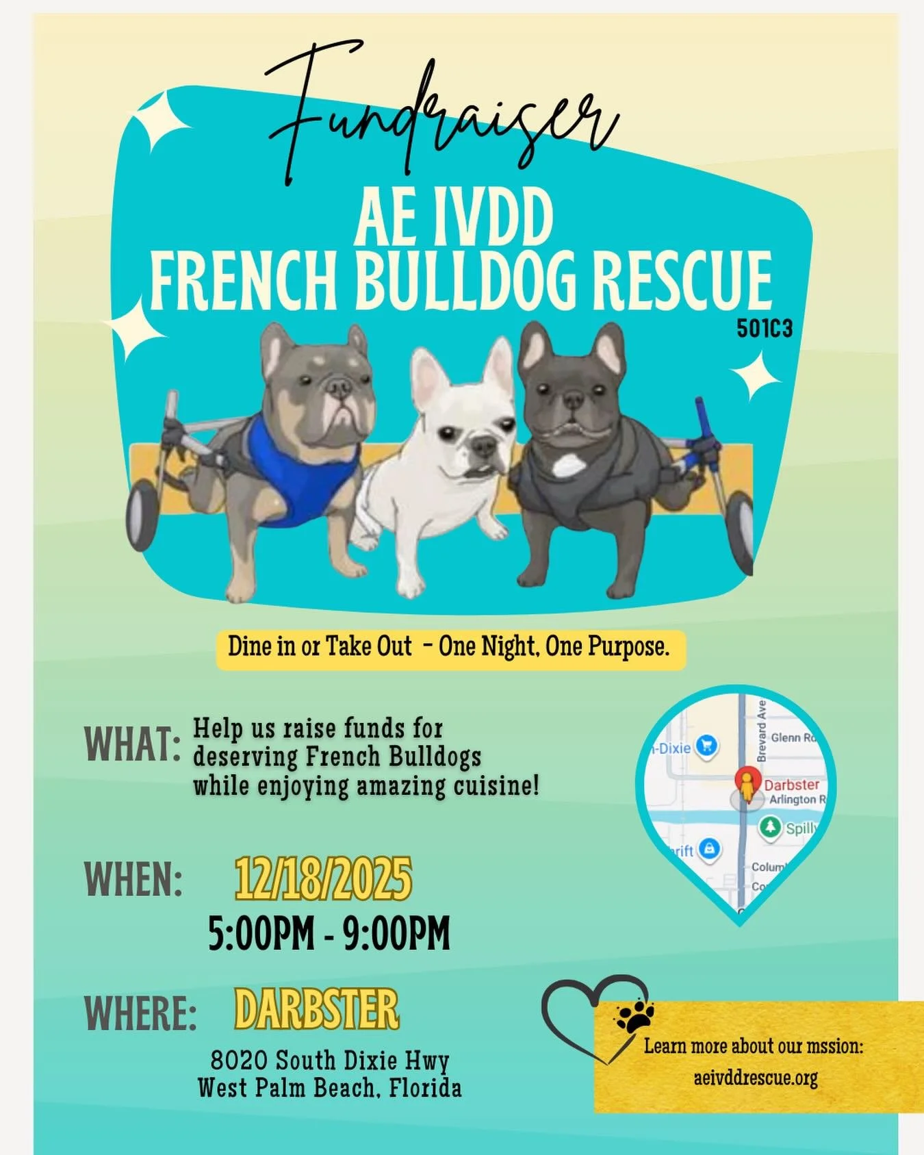 This Thursday December 18th we hope all of our local supporters will join us for a dine in or take out event  at @darbsterbistro while a portion of each sale will be donated to @ae_ivddfrenchbulldogrescue everything raised goes back into our medical 