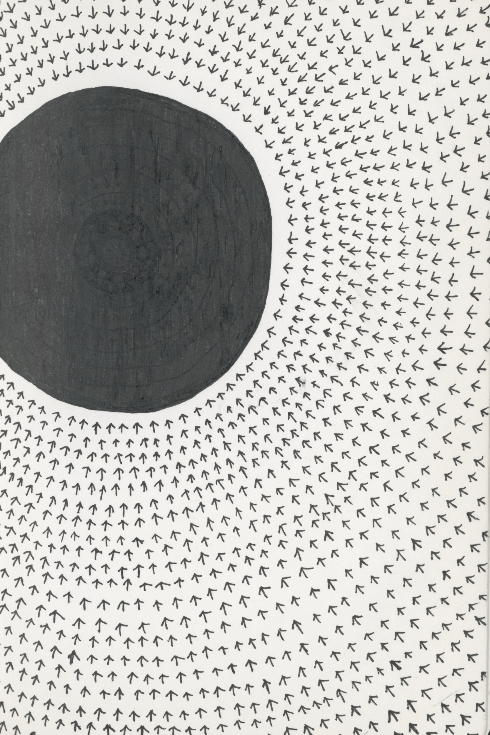 Ilustración abstracta con un círculo negro grande en el lado izquierdo y líneas de flechas pequeñas en espiral que irradian desde el centro hacia afuera, en tonos gris y negro.