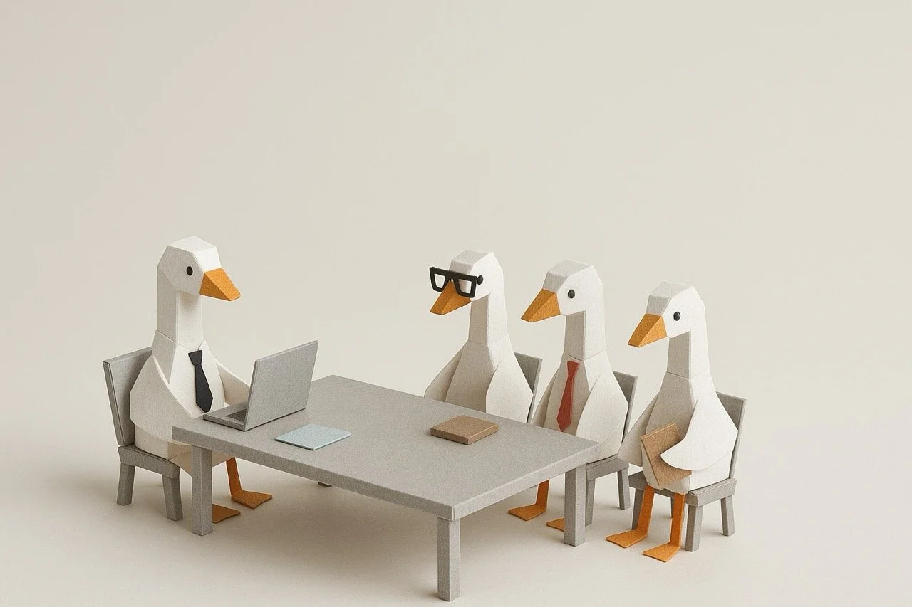 Vier papieren zwanen met menselijke kenmerken, gekleed in outfits, zitten aan een tafel te overleggen. Eén zwaan draagt een bril en een stropdas, terwijl de andere drie zonder accessoires zijn.