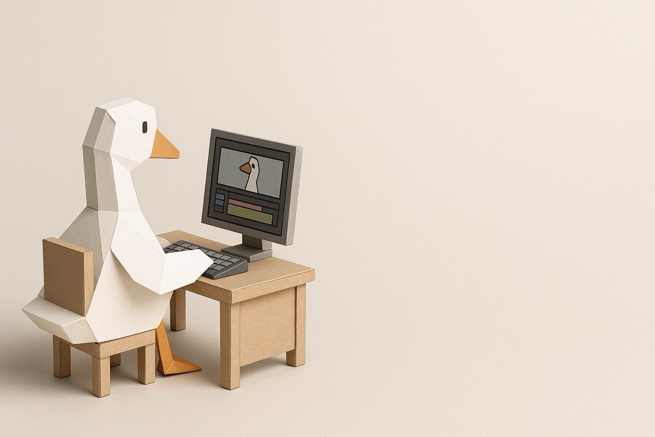 Papieren dierenfiguur van een hond die aan een computer zit.