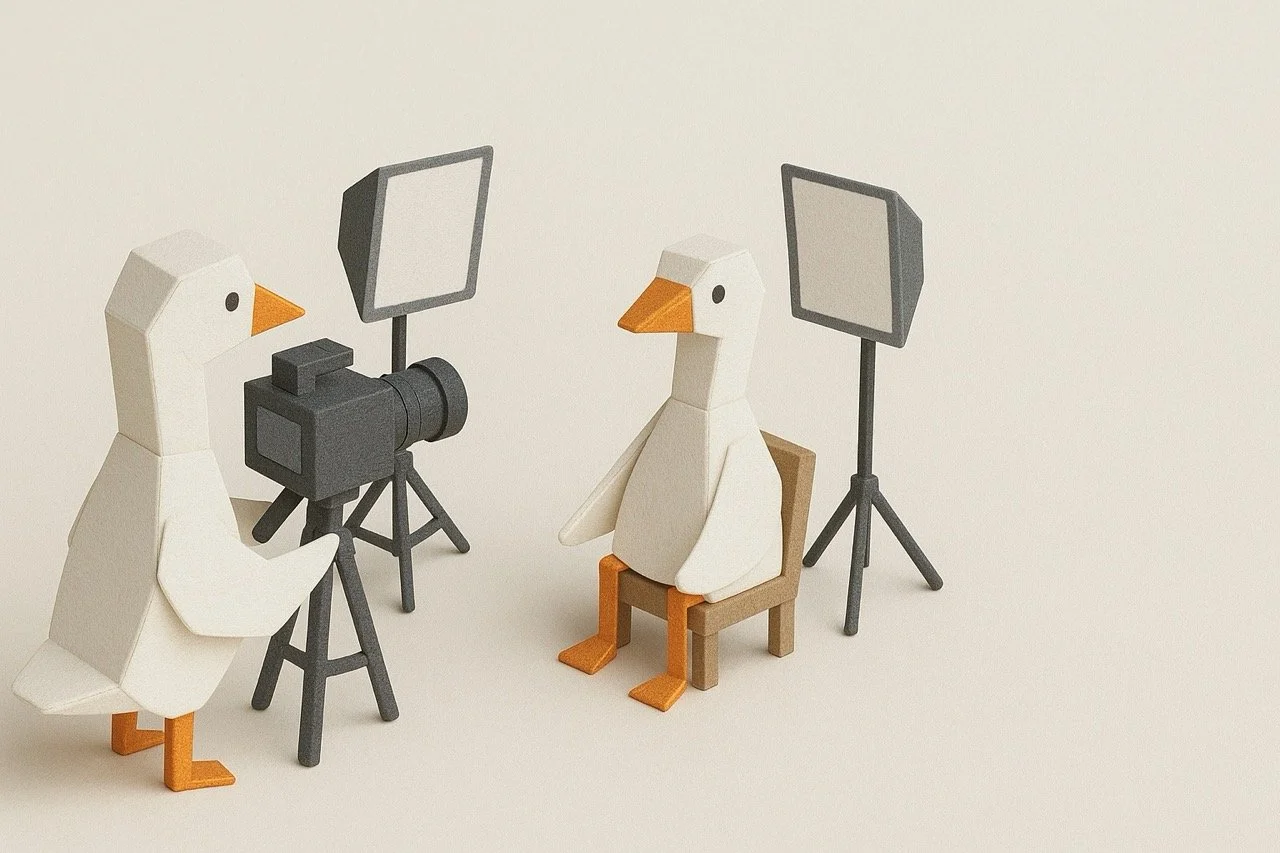 Twee papieren eenden die in een fotostudio worden gefilmd, met twee verlichtingsringen en een filmcamera.