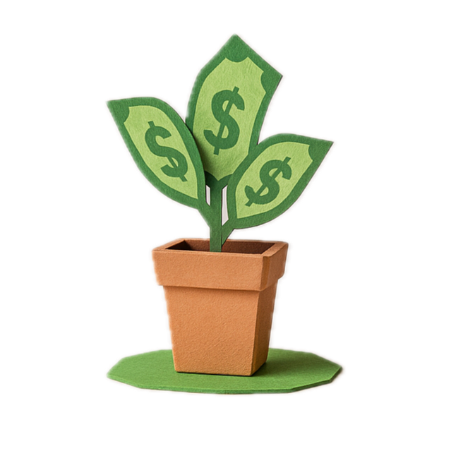 Kunstplant in een pot met vouwgeld bladeren met dollarmunten in plaats van bladeren.