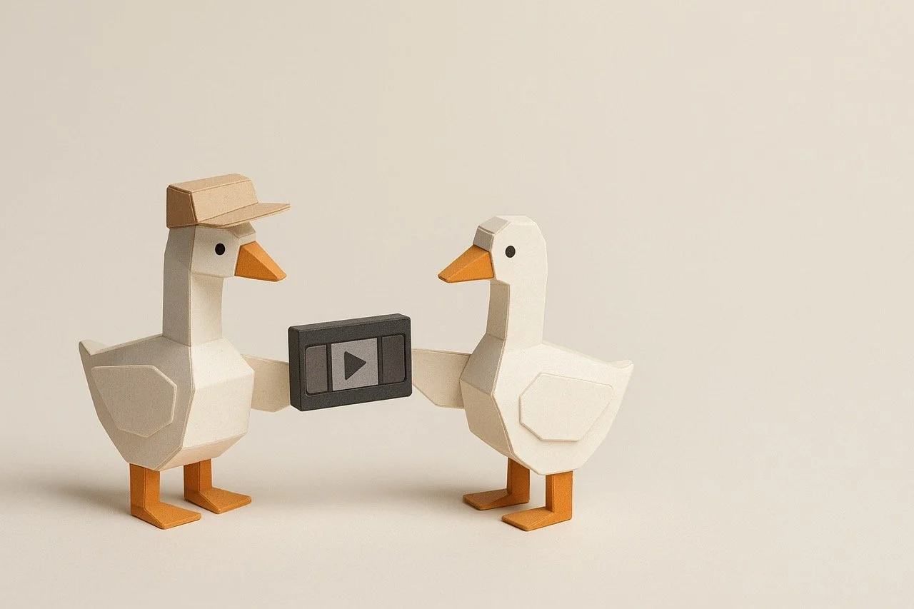 Twee houten eenden die een videospeler vasthouden, met een witte achtergrond.