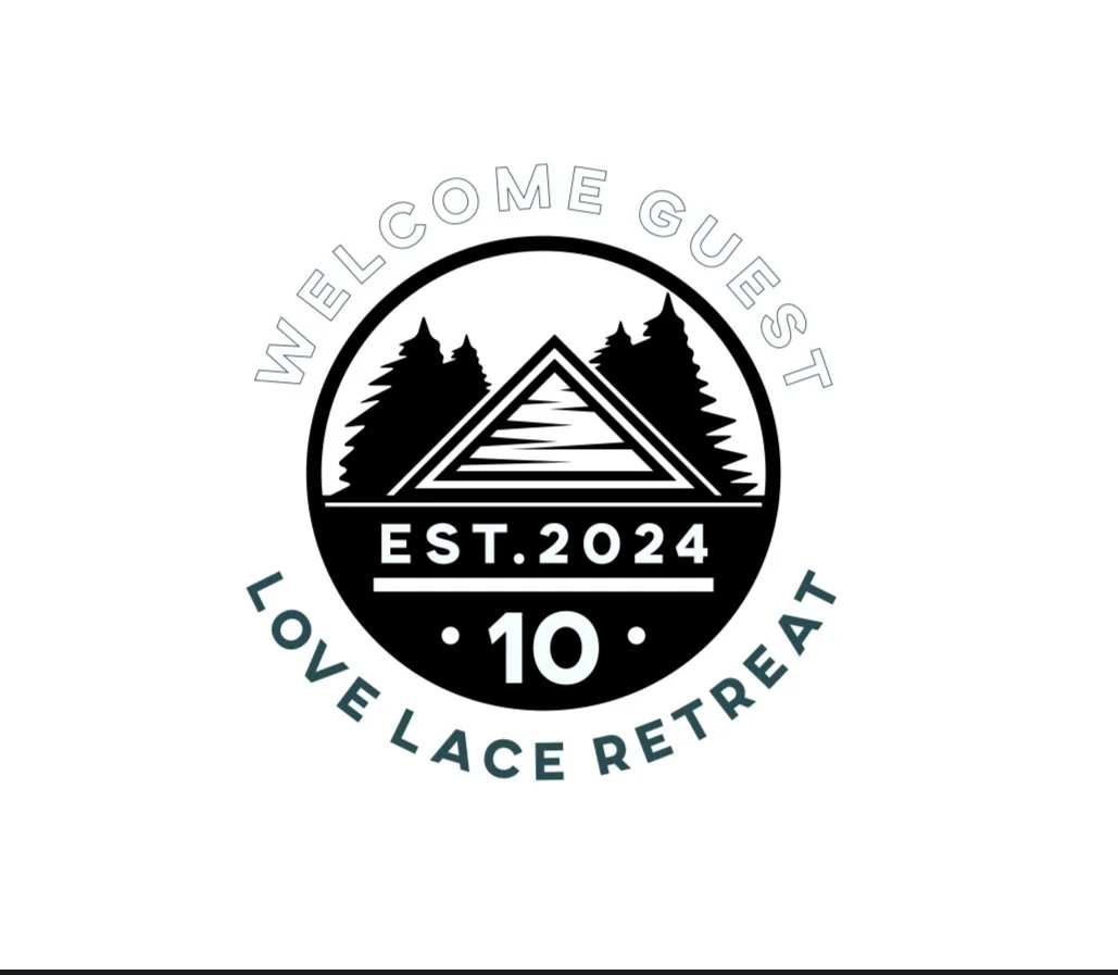 A circular logo with a black and white design, featuring a stylized mountain or stair-like structure surrounded by trees. The text around the circle reads 'Welcome Guest,' 'Love LACE Retreat,' and 'Est. 2024,' with the number '10' at the bottom.