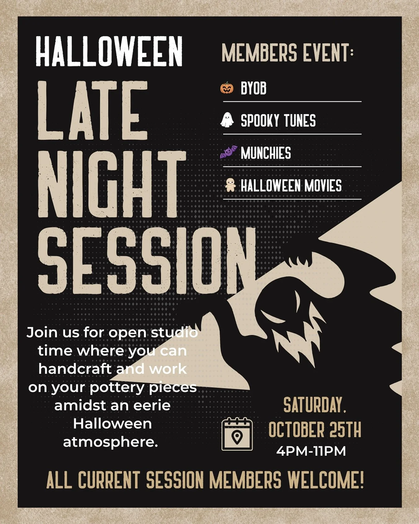 🧙🎃It's time to get spooky! Join our Members' Late Night Open Studio event for a night of thrills, chills, and non-stop tunes🕺🏾BYOB 🍻&amp; munchies🍿, 4pm - 11pm. Don't miss the twilight fun! All current session members welcome!🪩🧛🏽