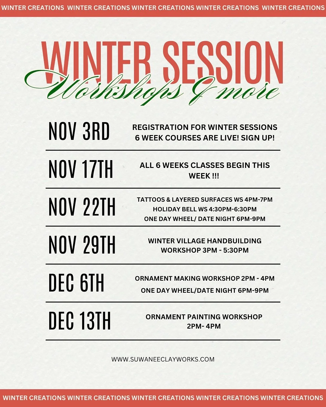 Have you been wanting to get in? This is your chance! Classes begin the week of November 17th. 
We got one day programming options almost every weekend! 
Check our winter workshops page for one day clay play options! Or contact us about teaching a pr
