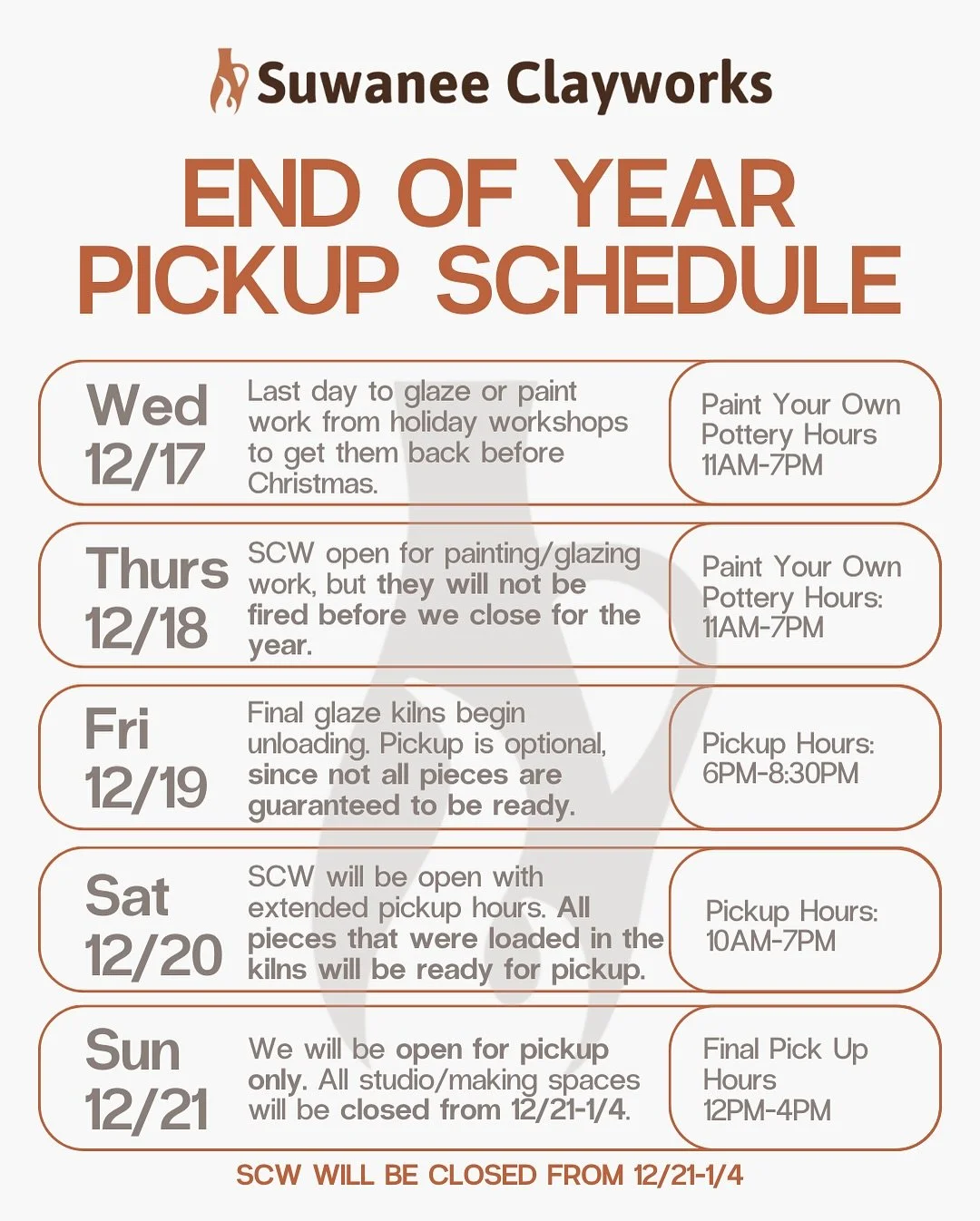 Today is the last day to get pieces into the glaze kilns! As we wrap up the year at Suwanee Clayworks, here&rsquo;s a quick heads-up on our end-of-year pickup schedule:

☃️The studio will be closed for the holiday season from 12/21&ndash;1/4.
 🛻We&r