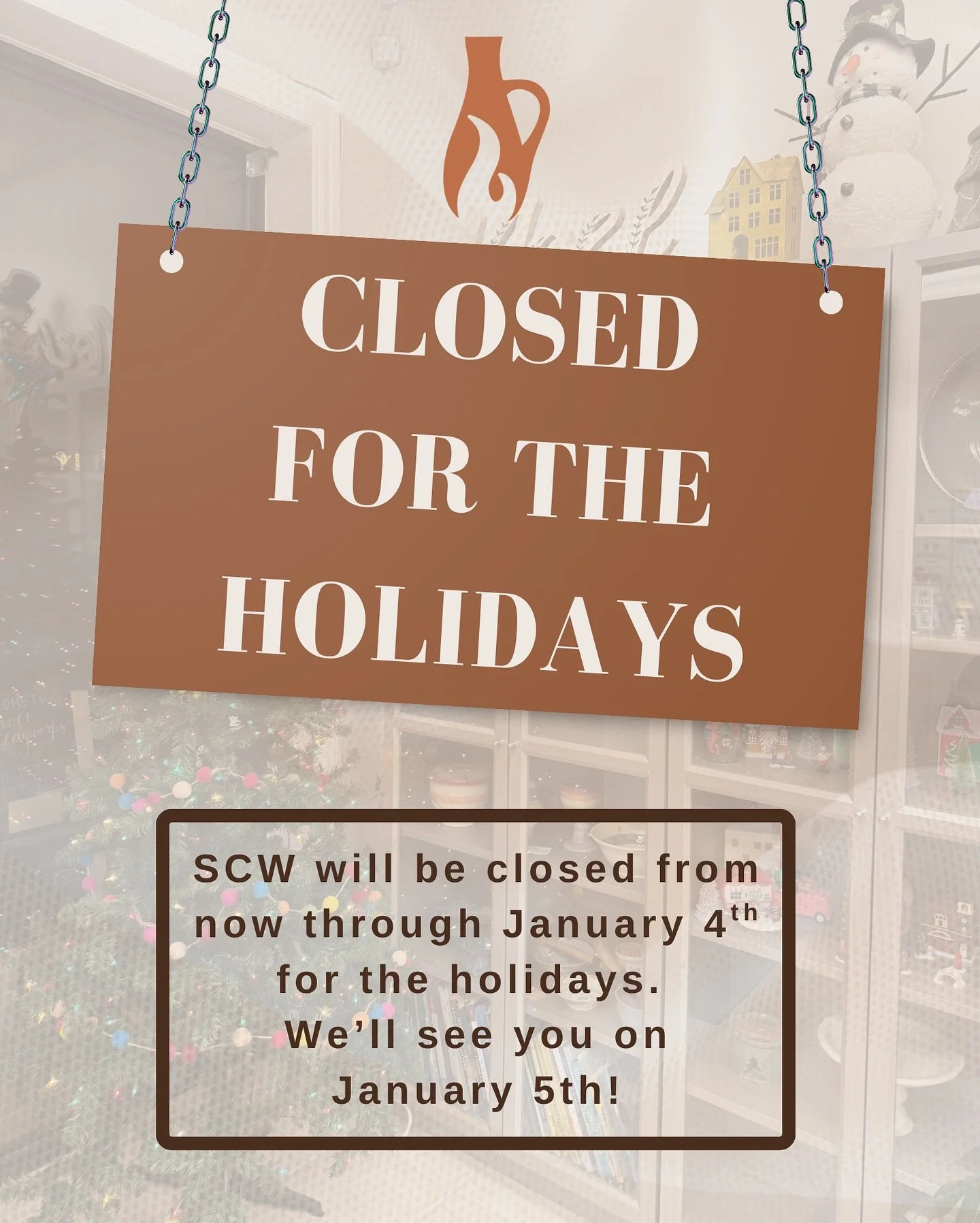 Suwanee Clayworks will be closed from today through Sunday, January 4th for the holidays! We hope you enjoy this season with your loved ones, and we can&rsquo;t wait to jump back into creating together in 2026. Happy Holidays!