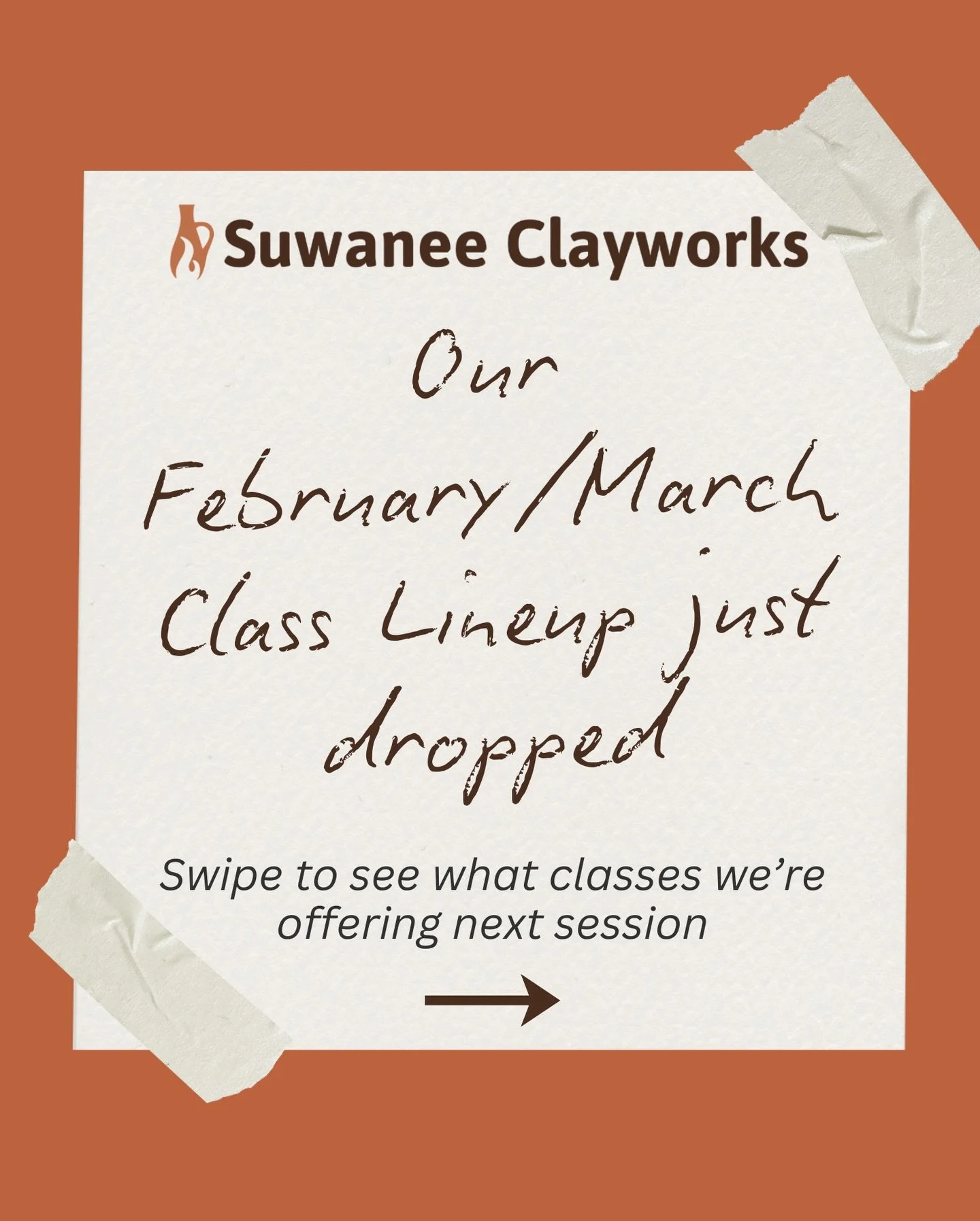 Our February/March class lineup just dropped!! Start 2026 off right and take a pottery class with us.

🔸Current students: please check your email for pre-registration details.
🔸General registration opens Monday, January 19th.

Classes sell out quic