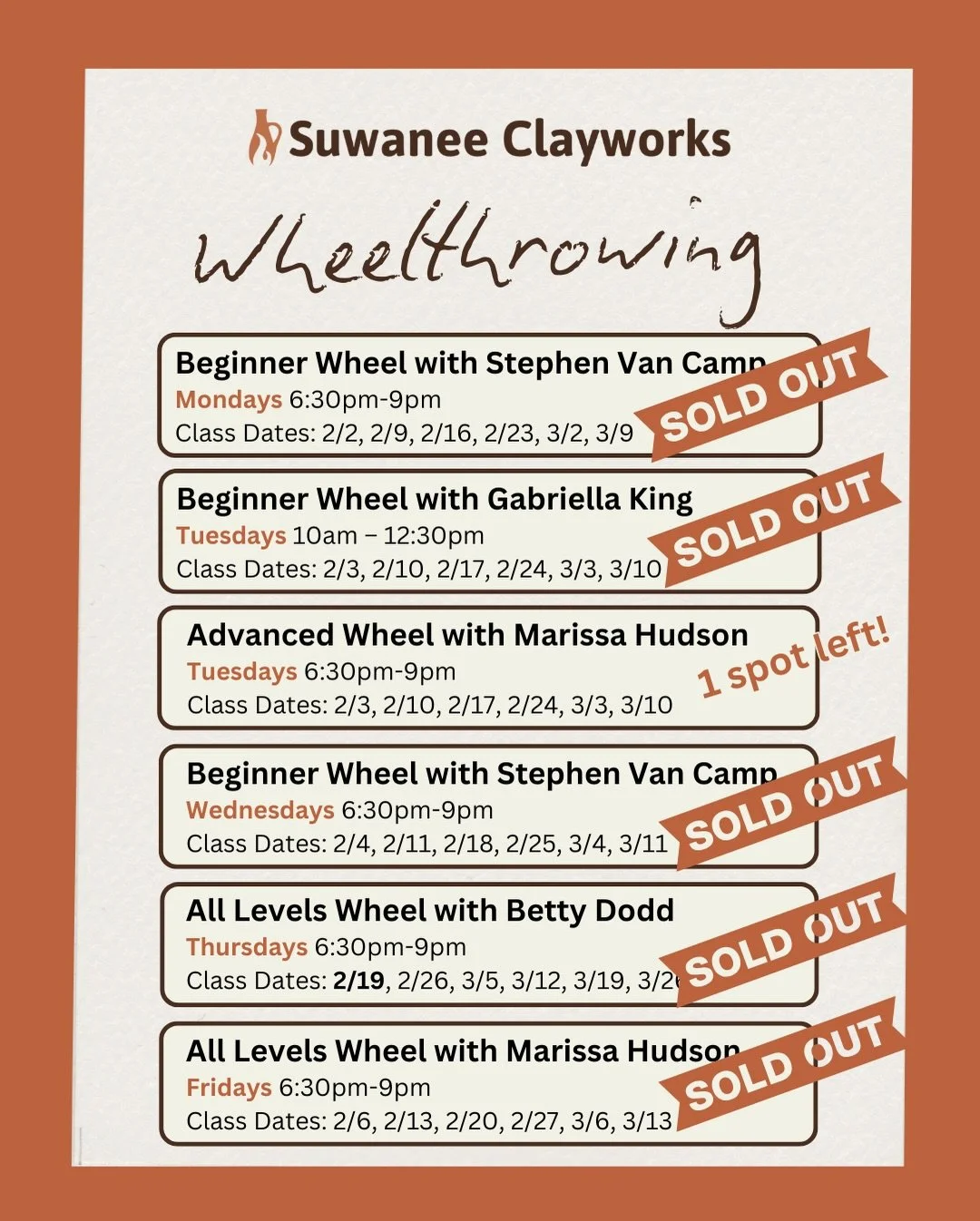 WOW&mdash;thank you! 🧡🧡 We are blown away by the support and excitement around class registration. We&rsquo;re so grateful to everyone who&rsquo;s starting or continuing their pottery journey with us in February!

Half of our classes have sold out!