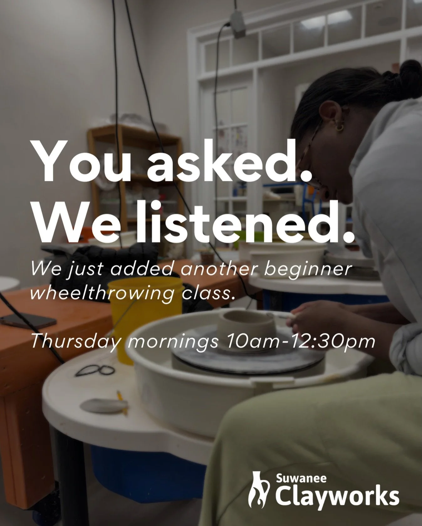 You asked, and we listened 👀
Because of all the interest we have received, we&rsquo;re adding a new Thursday morning wheel throwing class!

⏰ 10:00am&ndash;12:30pm
Instructor: Gabriella King

We also have 1 spot that we added to the Friday night cla