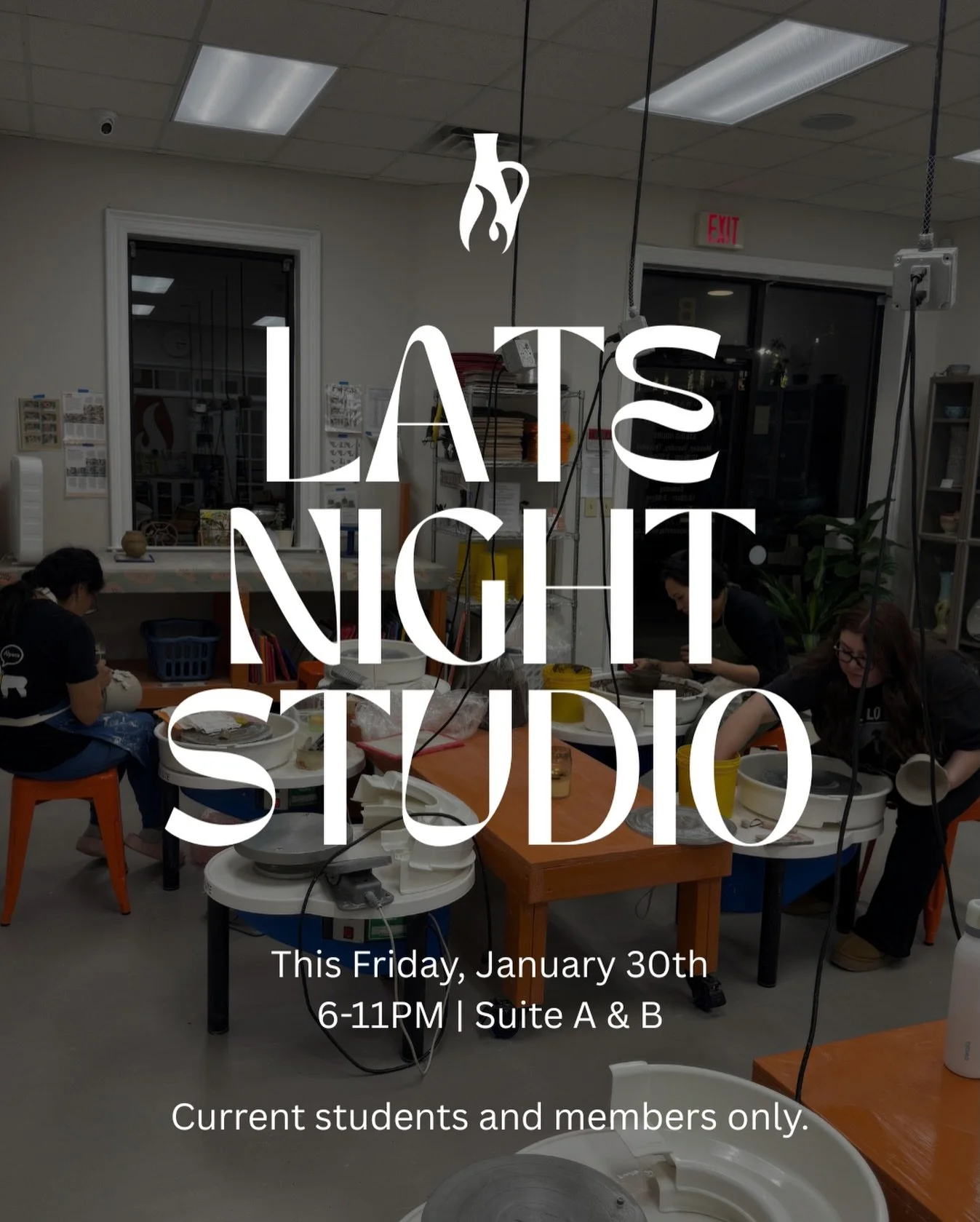 Current members and students! Join us for the last late night studio of the session this Friday. Late night studio is an extended period of open studio hours where you can have extra play time in the studio (after hours) in both suites. 

Friday, Jan