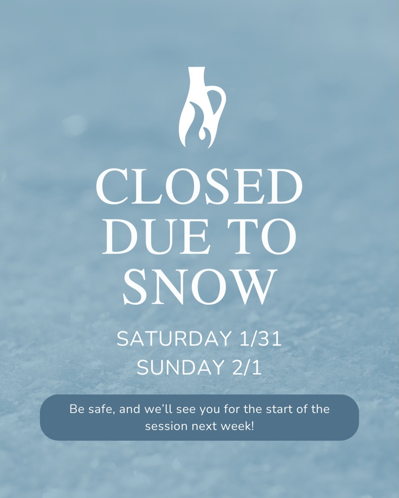 We will be closed this weekend due to the forecasted snow and ice❄️ We will still be open today and have a fun late night studio planned from 6-11pm!!

Stay safe and warm, and we will see you next week for the start of the session. 

As a reminder, w