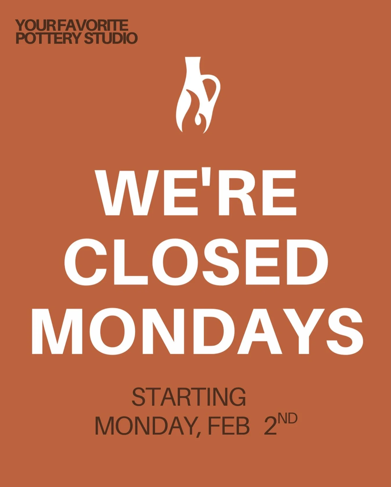 Starting tomorrow, Suwanee Clayworks will be closed on Mondays! Monday evening classes will proceed as normal starting at 6:30pm.