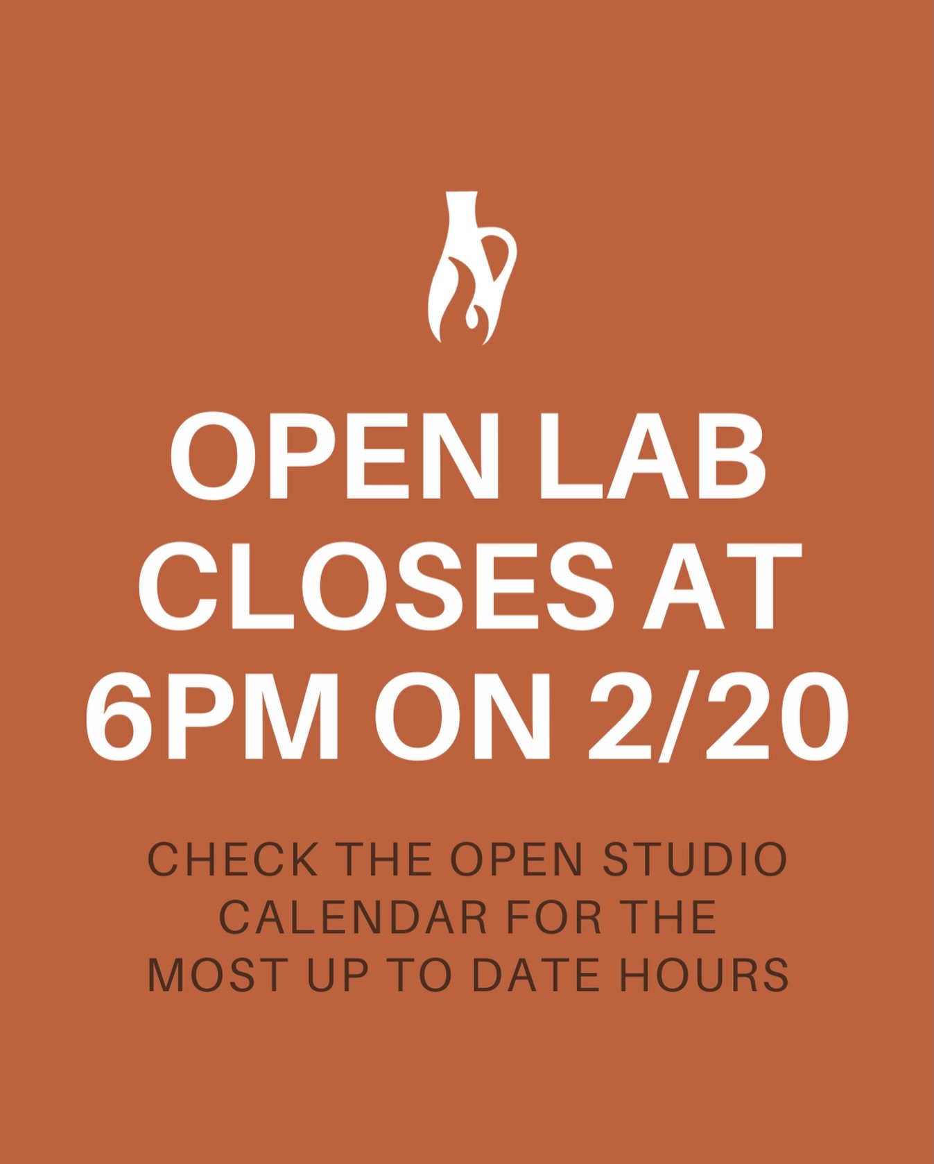 Open lab will be closed early tomorrow night Friday, 2/20. For the most up to date open studio hours, check out our open studio calendar on our website! #pottery #potterystudio