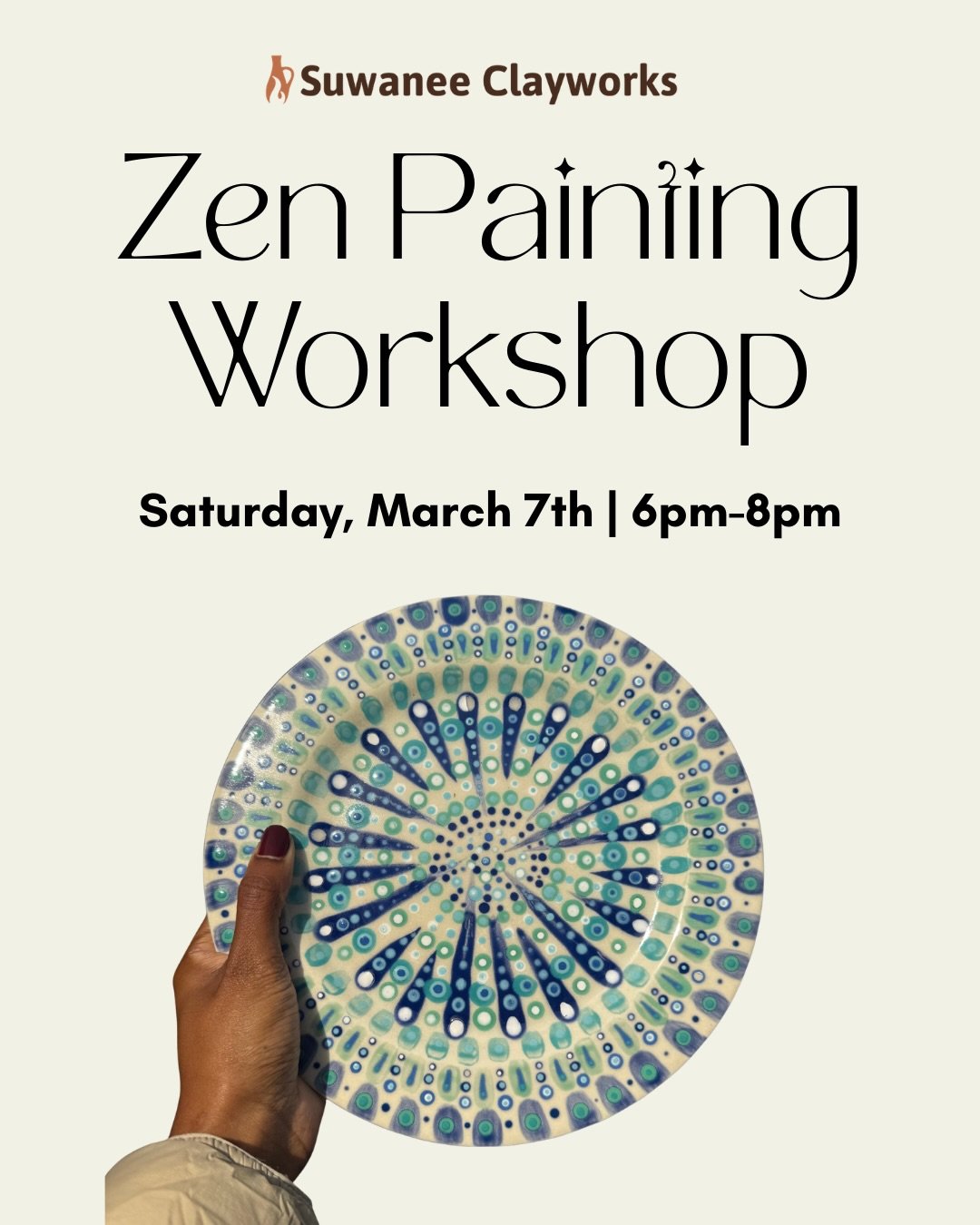 We&rsquo;re running it back with the Zen Painting workshop! Join us on Saturday, March 7th for a surface design workshop covering pointillism and mandala painting, taught by Eileen Hogan. Register at the link in our bio! #pottery #potterystudio #pain