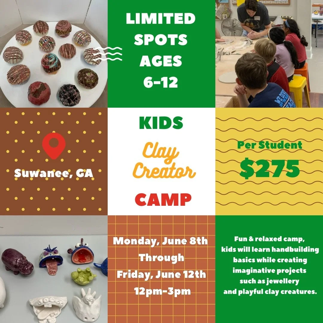 Summer plans still a question mark? Clay Creators Camp (June 8&ndash;12 | 12&ndash;3pm) is the answer - a fun, creative week for the kids!
Everything you need to know in our bio! 

#summercamps #suwanee #potterycamp