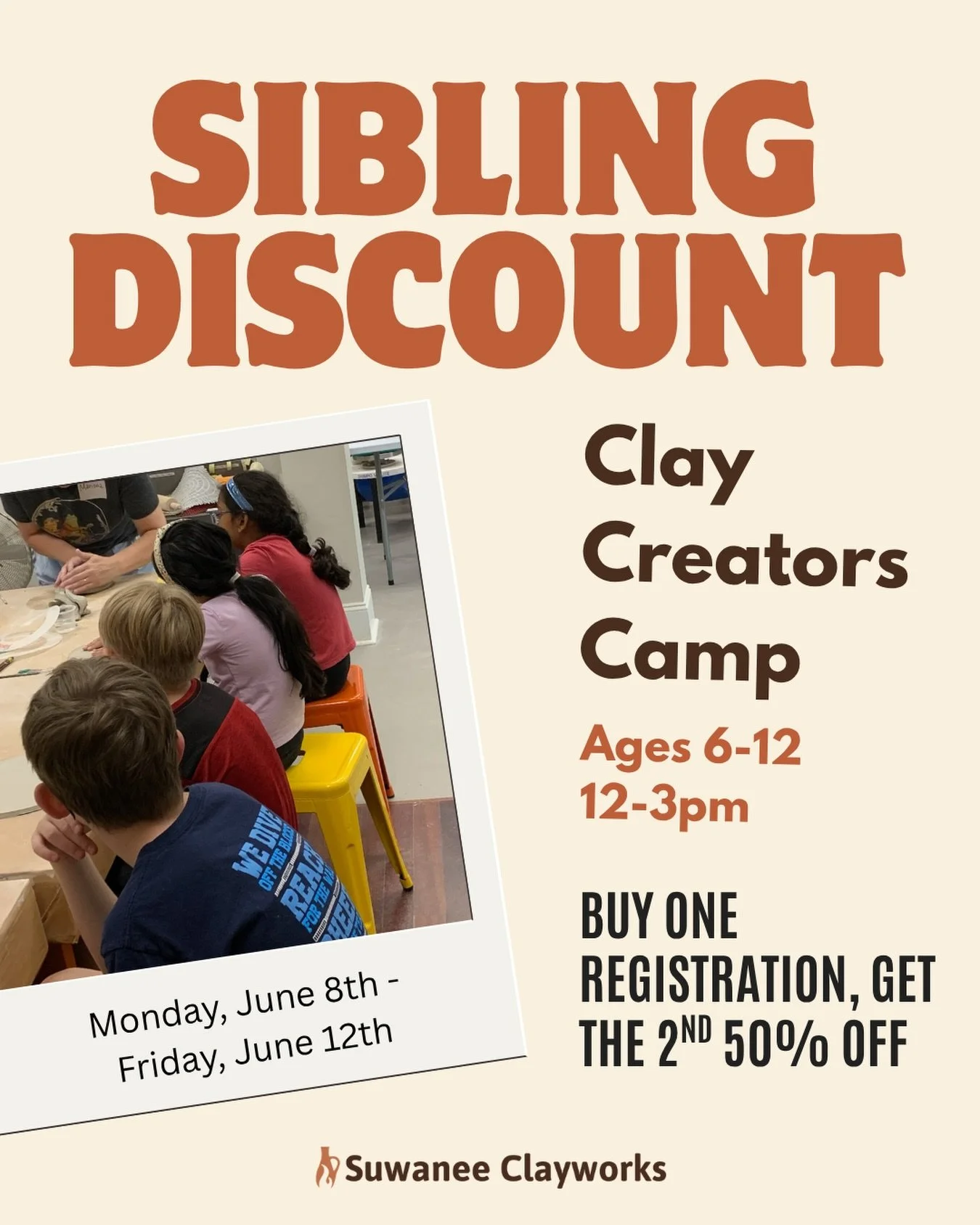 Siblings who clay together, stay together. 😉 Save on summer camp when you register multiple kids with our sibling discount! Spots are filling fast! ☀️🏺

#summercamps #suwanee #kidscamp