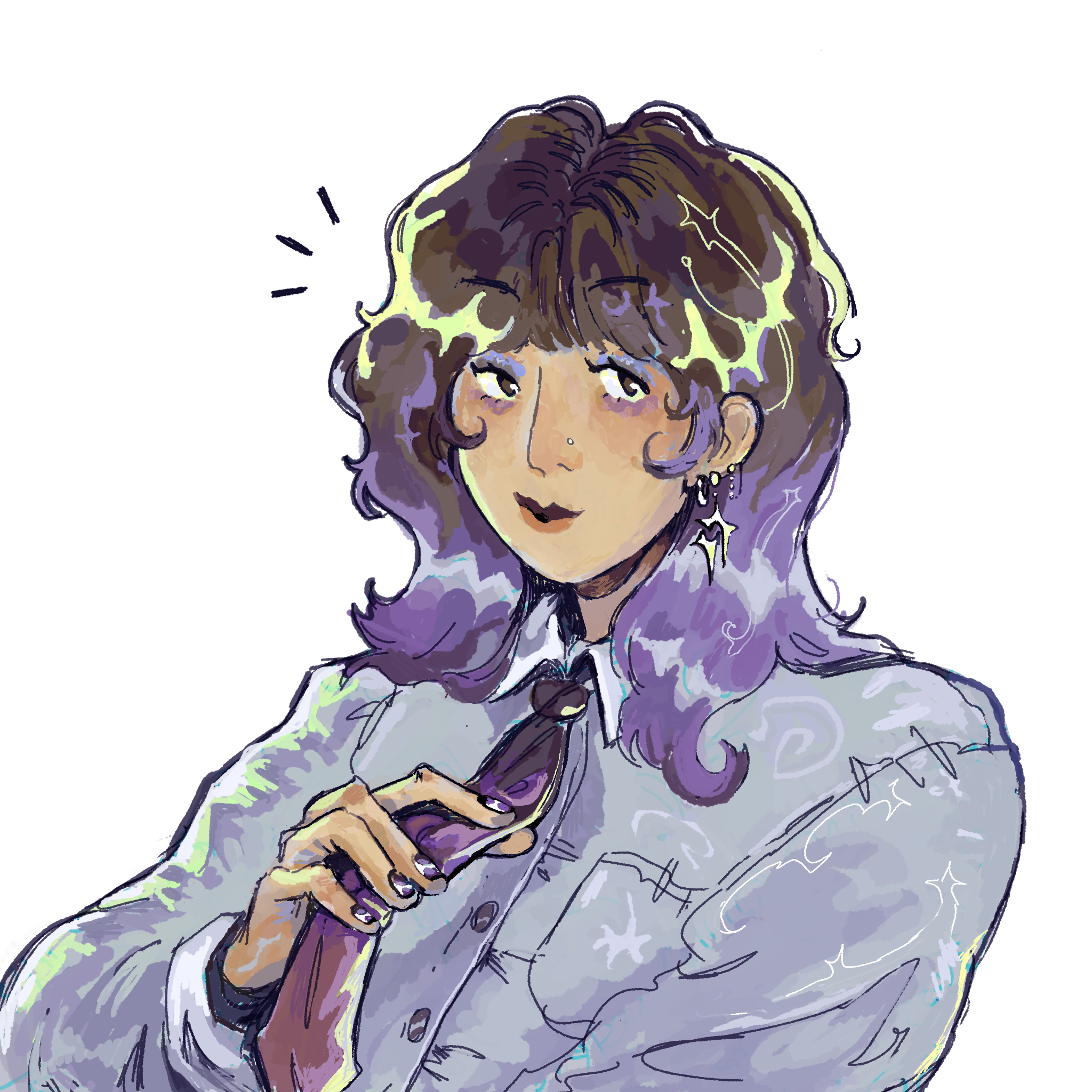 A character with dyed purple hair in a button-up.