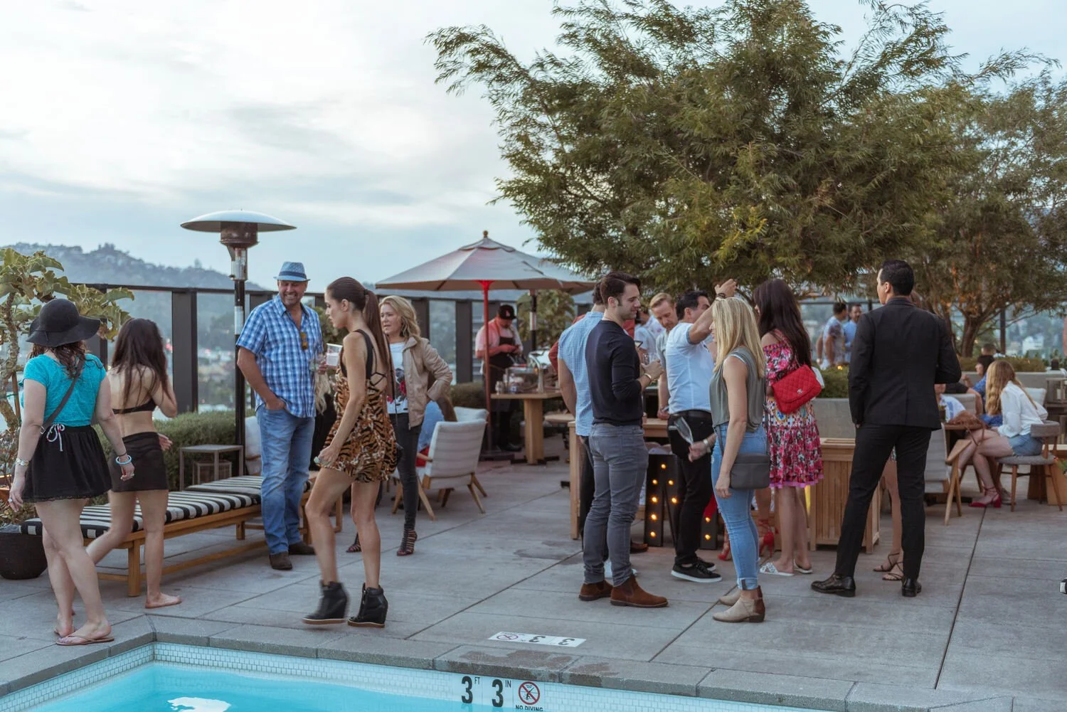 People socializing on a rooftop pool deck during early evening, with some near a swimming pool, and others chatting under large umbrellas and trees.