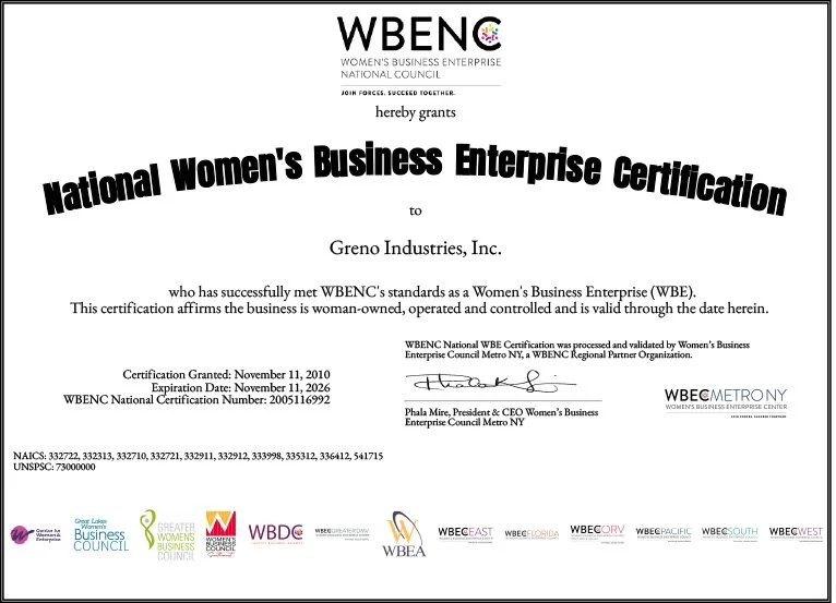 Certificate from WBENC awarded to Greno Industries Inc. for Women's Business Enterprise, signed by Phala Mire, with logos of various women's business organizations at the bottom.