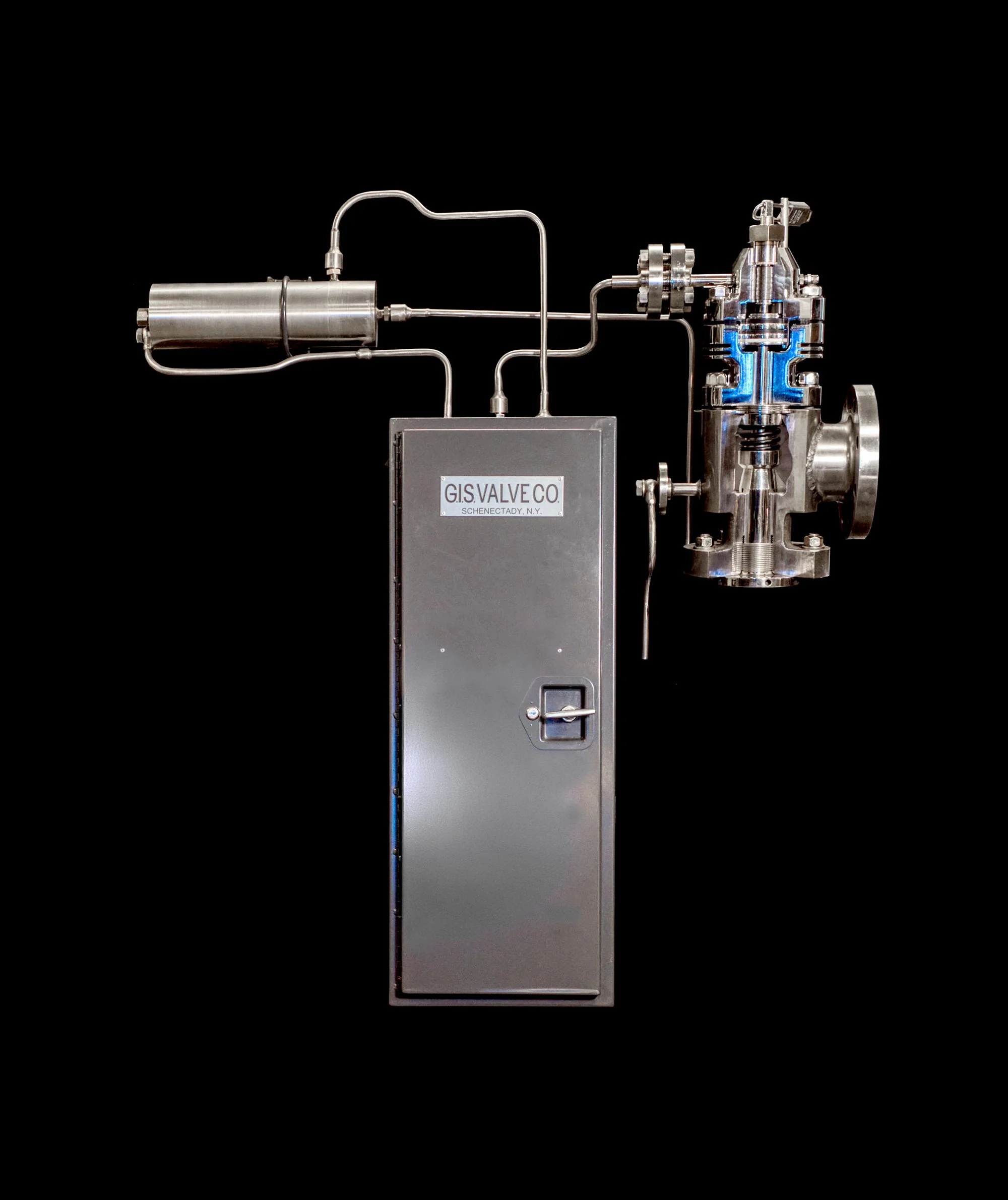 Industrial valve machinery with pipes and control box, labeled G.I.S Valve Co., against a black background.