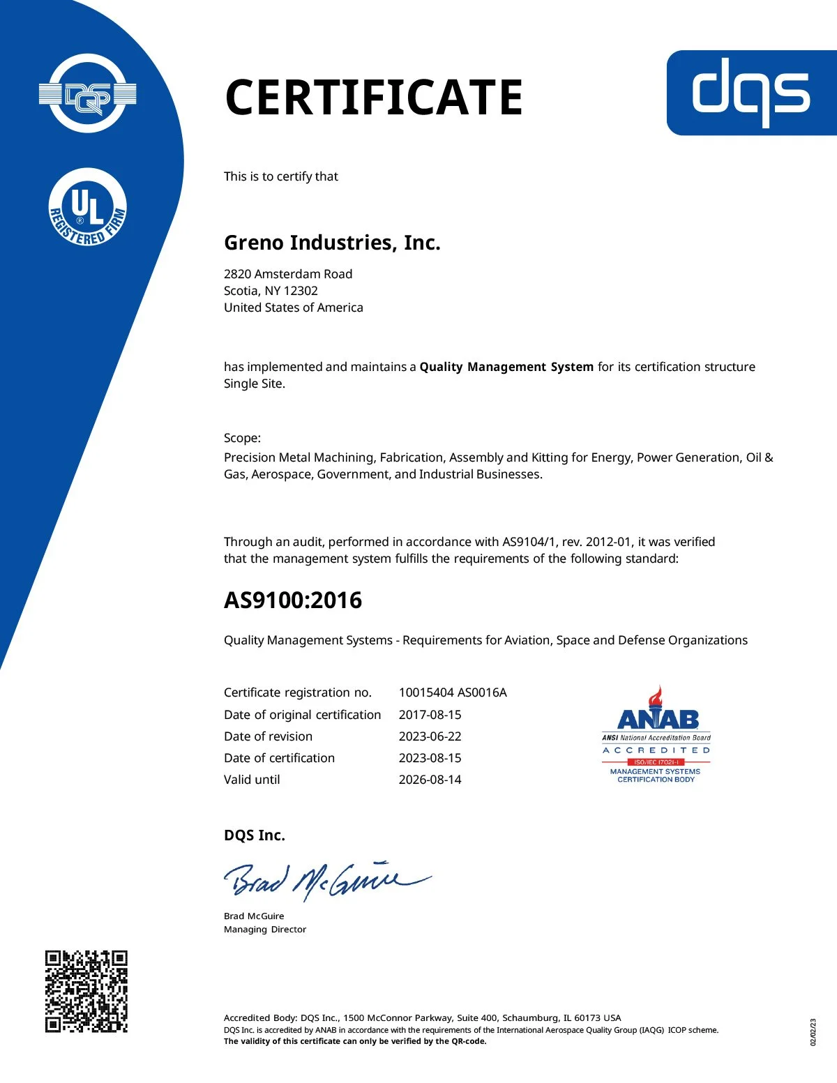 Certificate of quality management system accreditation issued to Greno Industries, Inc., with signatures, logos, and QR code.