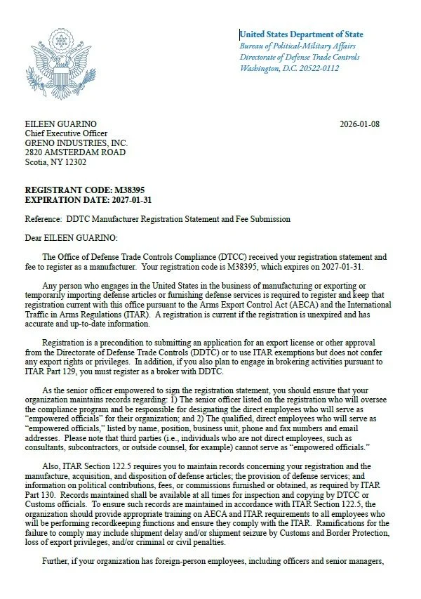 Official document from the U.S. Department of State, Bureau of Political-Military Affairs, related to defense trade controls, addressed to Eileen Guarino of Greno Industries, Inc., with registration details, dates, and instructions for compliance.