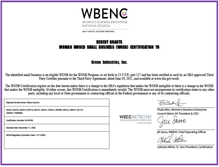 Certificate from WBENC recognizing Greno Industries, Inc. as a Woman-Owned Small Business, signed by WBENC officials.