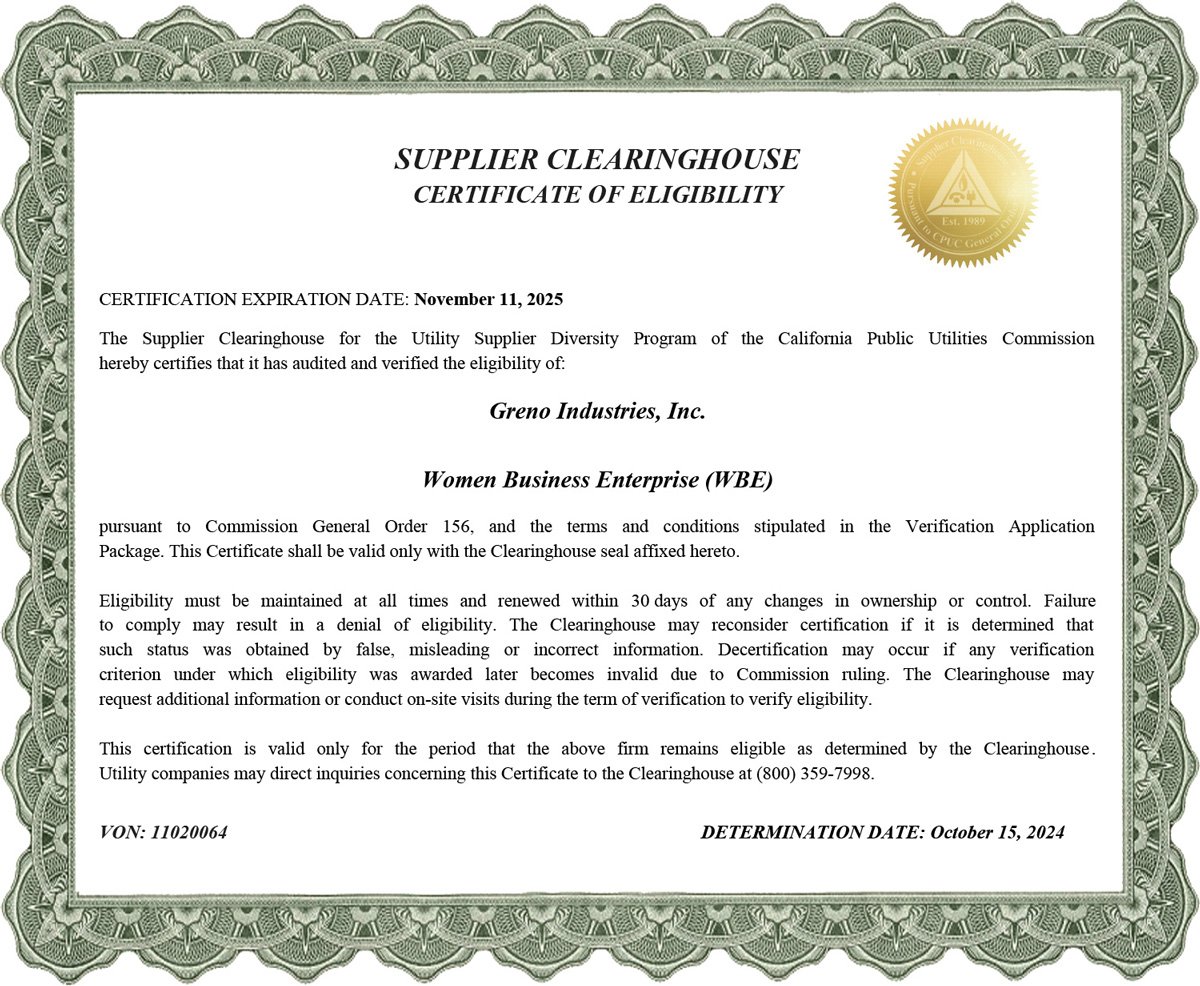 Green border certificate with gold seal in the upper right corner, titled "Supplier Clearinghouse Certificate of Eligibility," awarded to Greno Industries, Inc. for Women Business Enterprise status, with certification expiration date November 11, 2025.