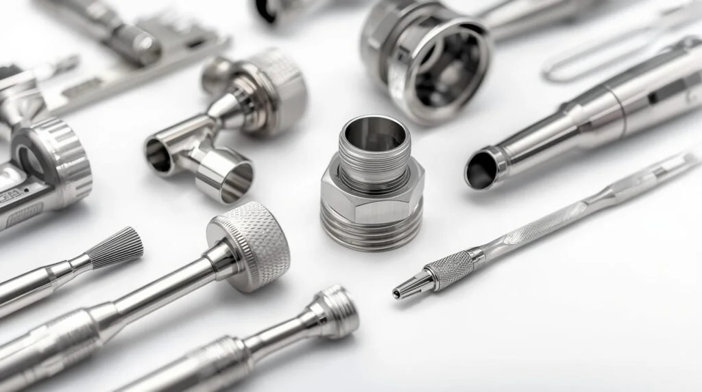 Assorted stainless steel medical or surgical tools laid out on a white surface.