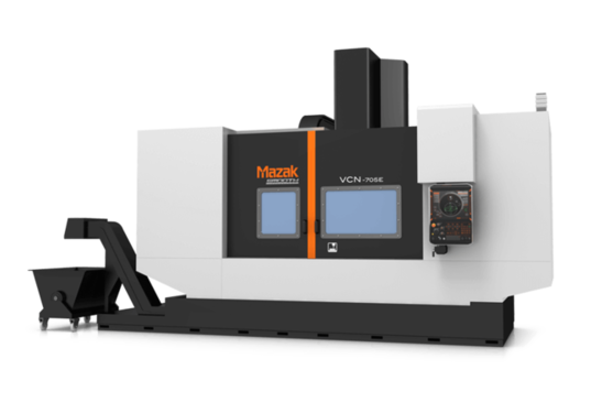 A large, white CNC machine with black and orange accents, displaying the brand name Mazak and model VCN-705E.