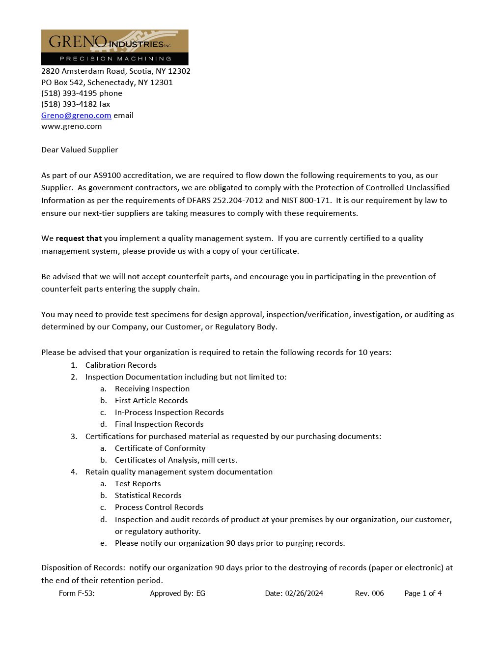 Business letter on company letterhead from Greno Industries with address, phone, fax, email, and website. The letter discusses compliance requirements for suppliers to meet accreditation standards, quality management system implementation, record retention, and documentation for regulatory purposes.