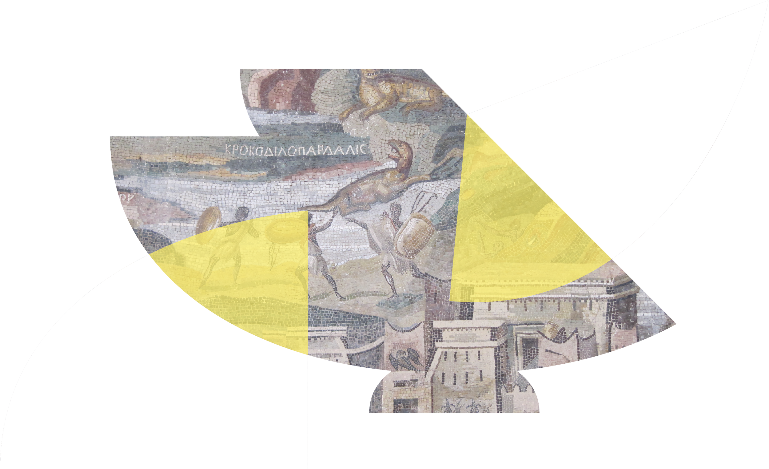 Grafische Collage mit abstrahierten Formen, die an archäologische Fragmente erinnern; darin integriert ein antikes Mosaik – visuelle Darstellung archäologischer Forschung, im Kontext der Novus Stiftung.