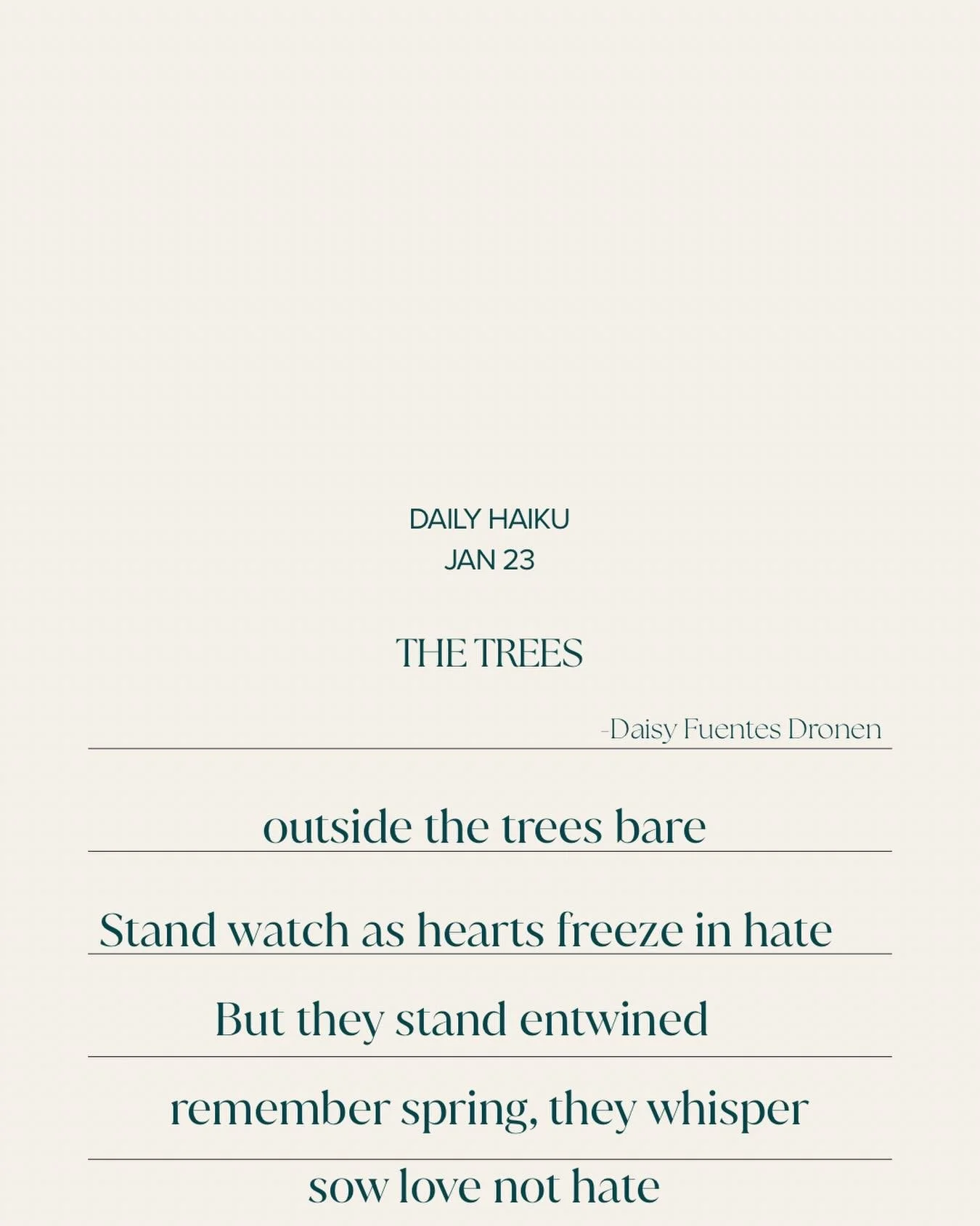 Daily Haiku Jan 23 

Let&rsquo;s sow love not hate.