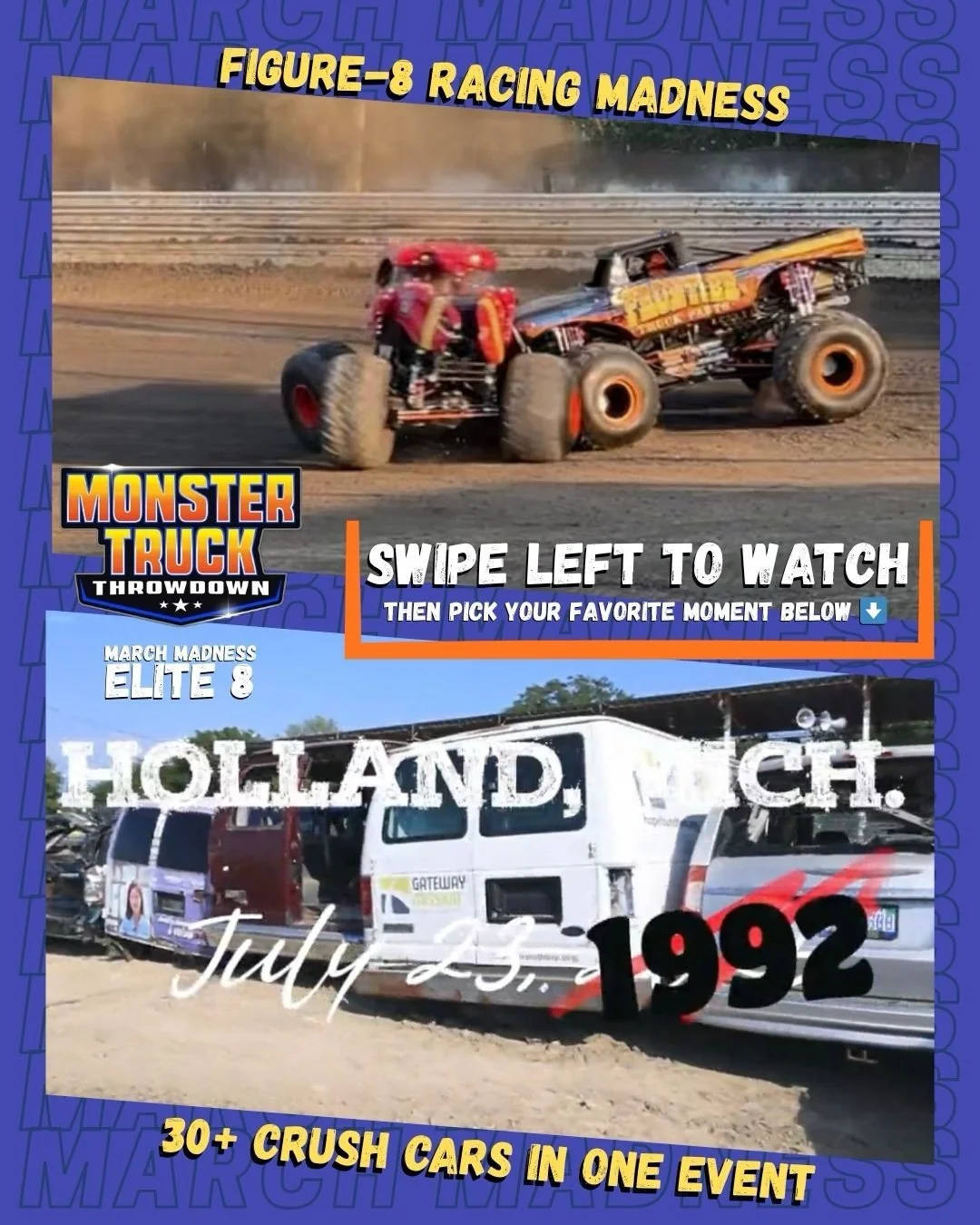 Vote below 👇 Figure-8 racing or watching 30+ cars get smashed? 

The next Monster Truck Throwdown Elite 8 moments of 2025 matchup is:
💥 Wheel-to-wheel figure-8 racing madness from Maple Park &amp; Joliet
VS
💥 The 1992 Tour Summer Nationals in Holl