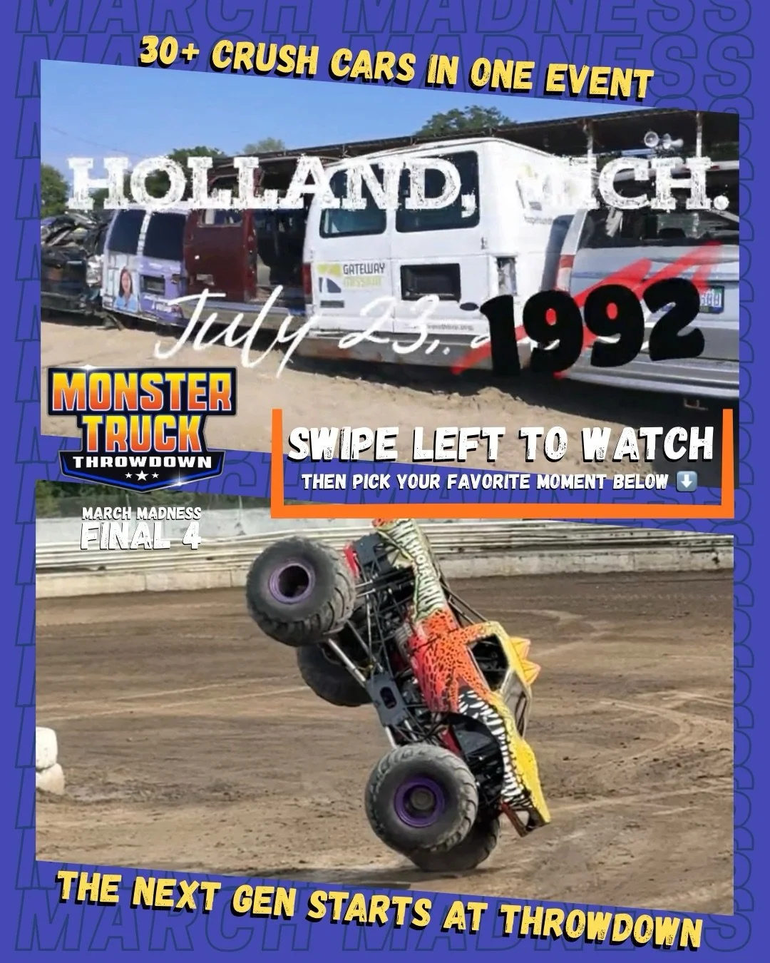 Crush cars versus next gen talent - you decide your favorite below ⬇️ 

The last matchup in the Monster Truck Throwdown Final Four top moments of 2025 is:
💥 The 1992 Tour Summer Nationals in Holland, MI
VS
💥 The next generation of Throwdown drivers