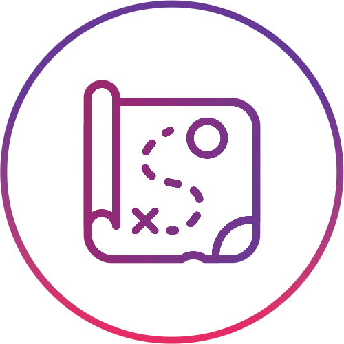 Icon of a treasure map with a route, X mark, and a circle, on a purple and pink gradient background.