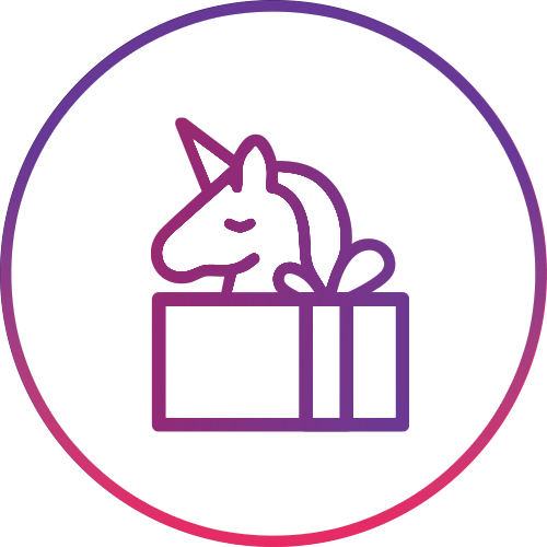 A unicorn head illustration with a gift box and bow.